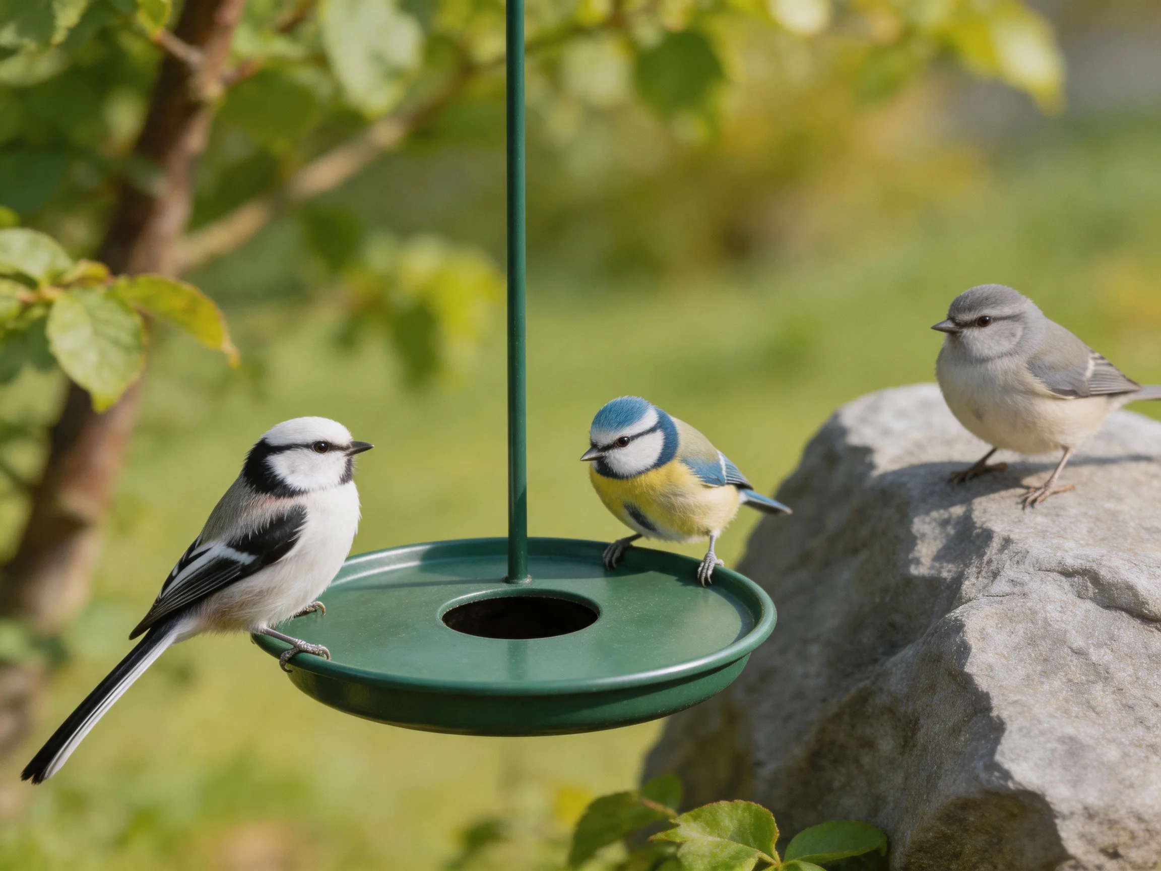 Three small birds gather around a green bird feeder outdoors