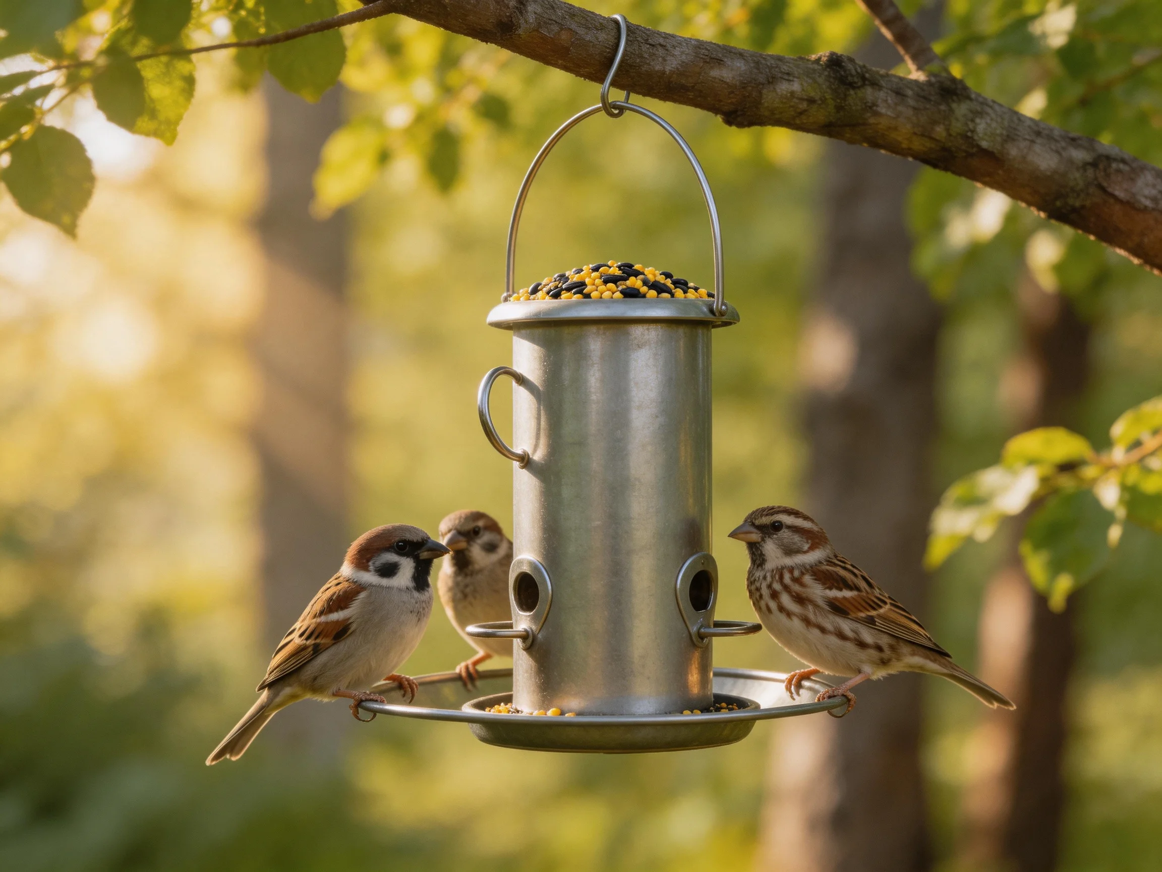 Three small birds gather at a metallic bird feeder near a tree branch.