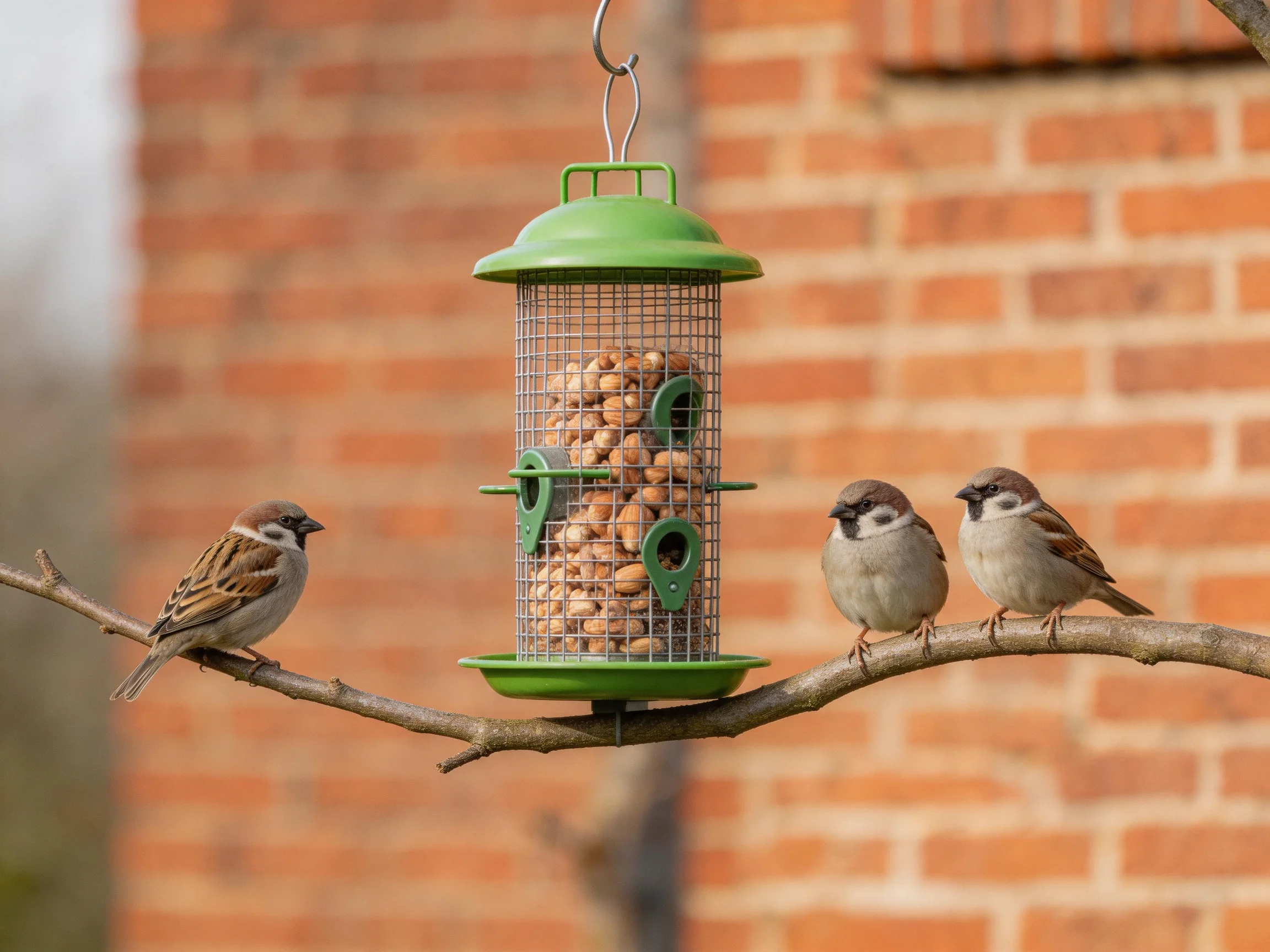 Three small brown sparrows near a green bird feeder on a branch