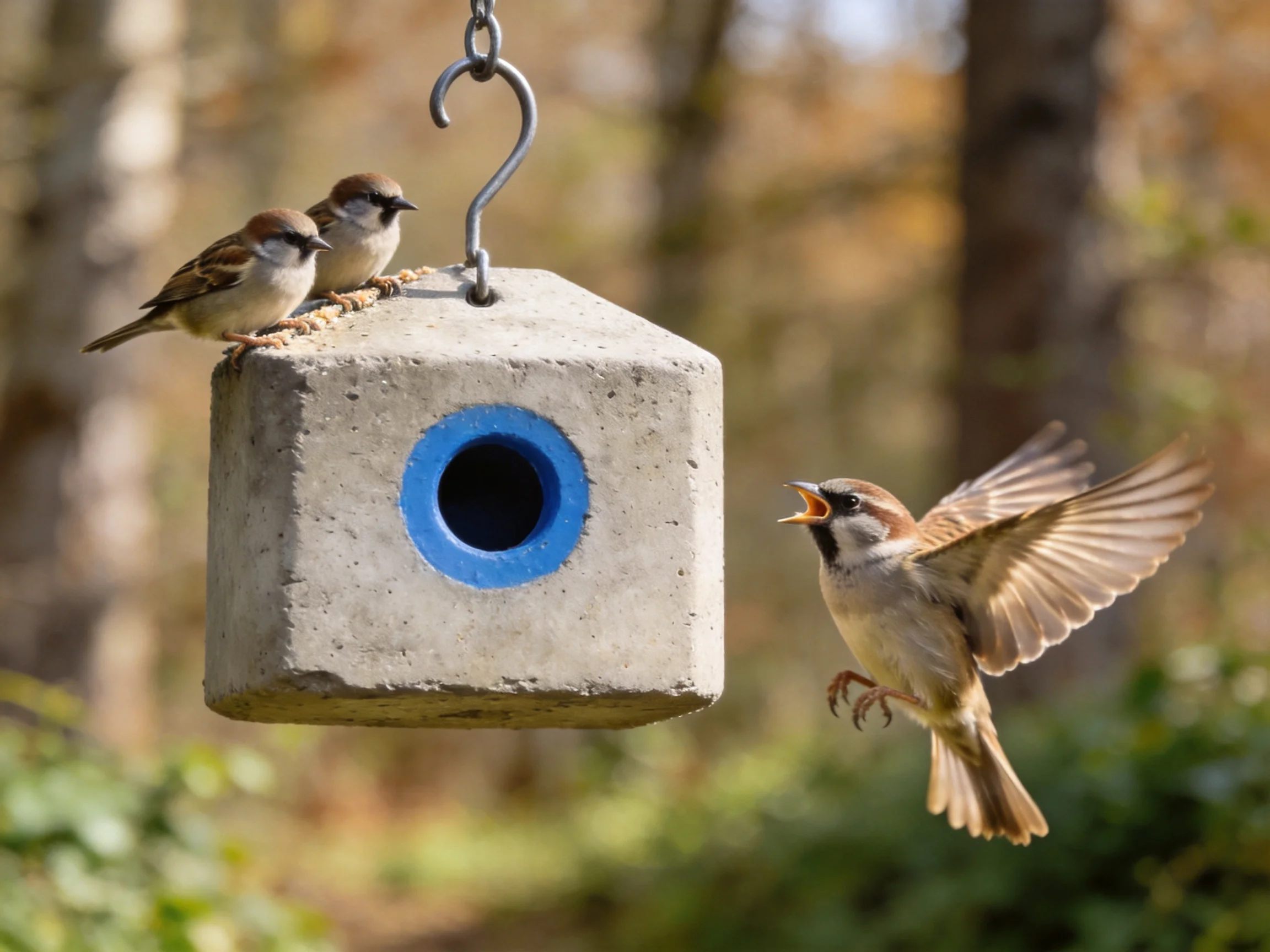 Three sparrows interact with a concrete blue-fronted birdhouse outdoors