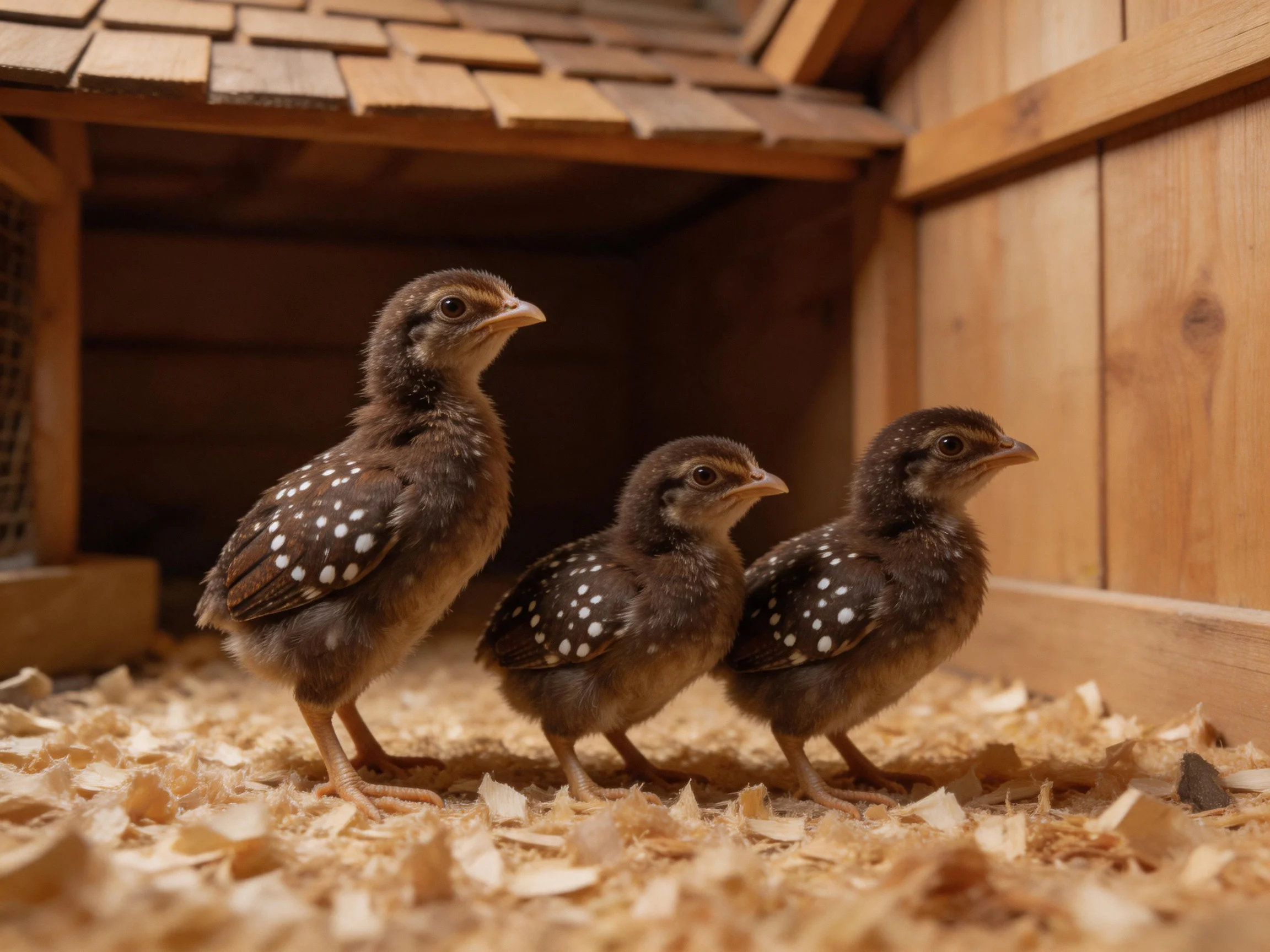 Three spotted baby birds in a wooden enclosure with wood shavings