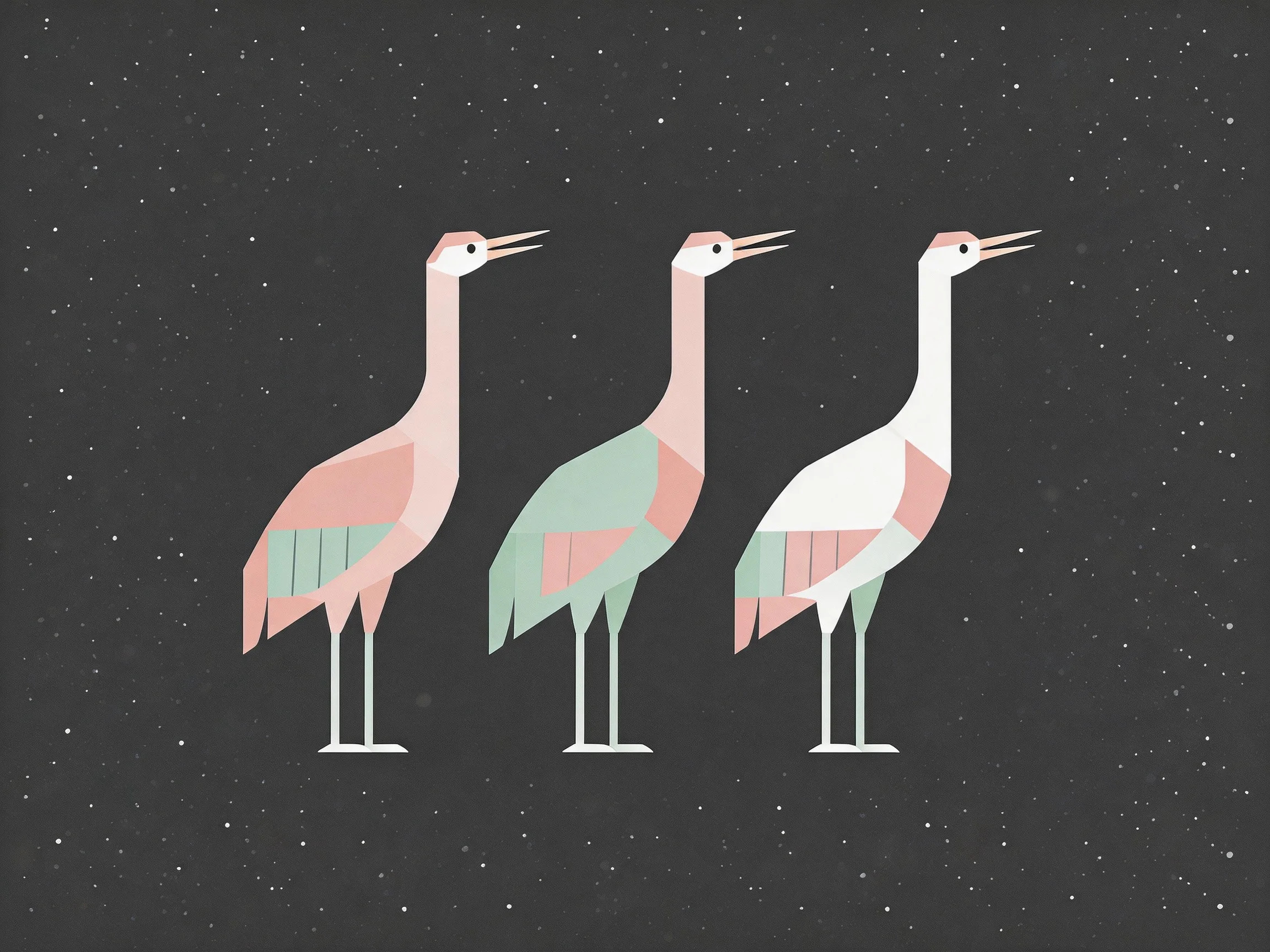 Three stylized birds in pastel colors on a starry dark background
