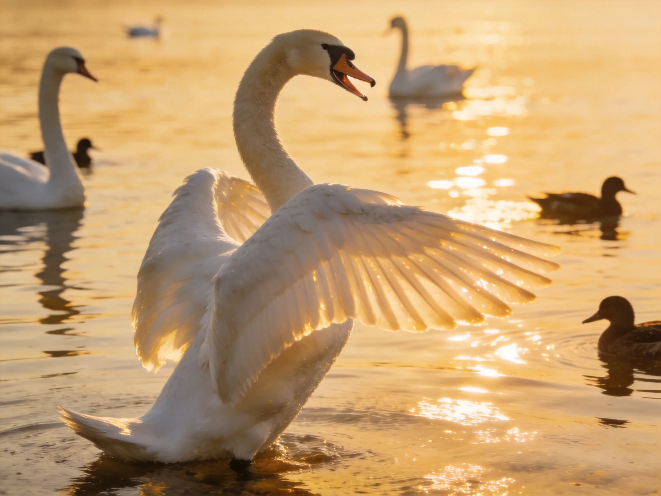 Three swans and two ducks swim in golden-hued water at sunrise