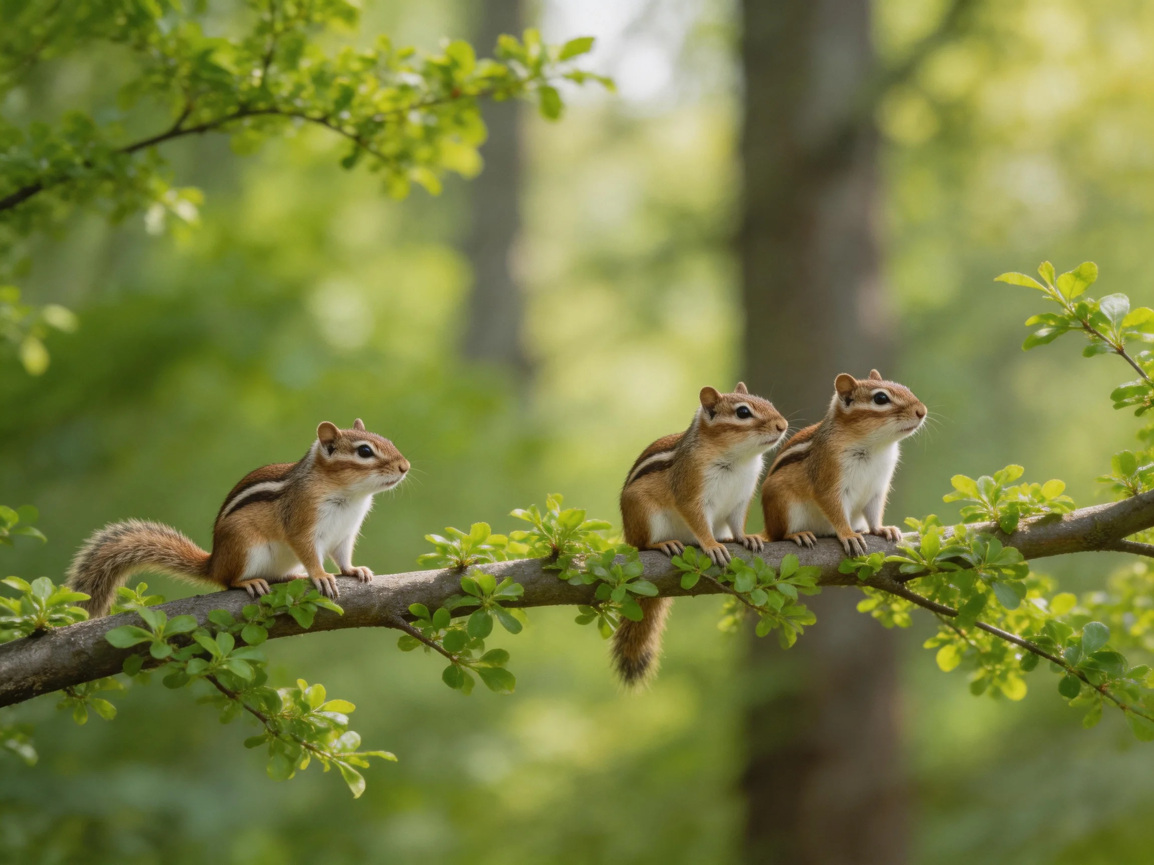 Three tan and white squirrels perch on a lush green branch