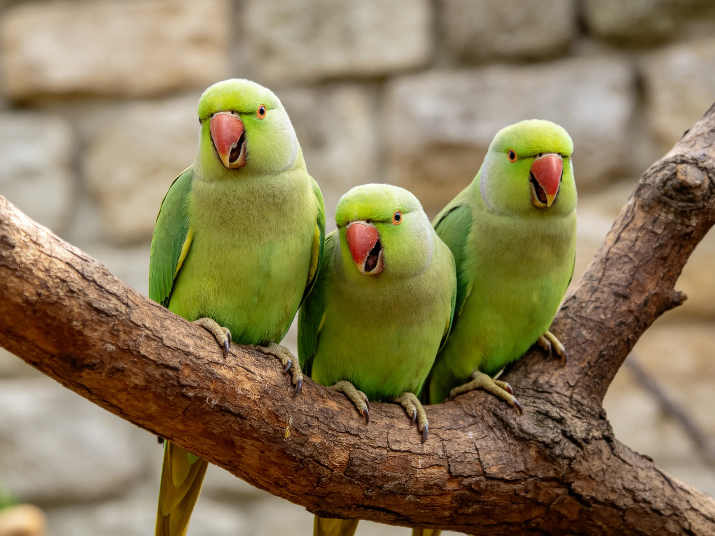 Three vibrant green parrots perched on a textured wooden branch