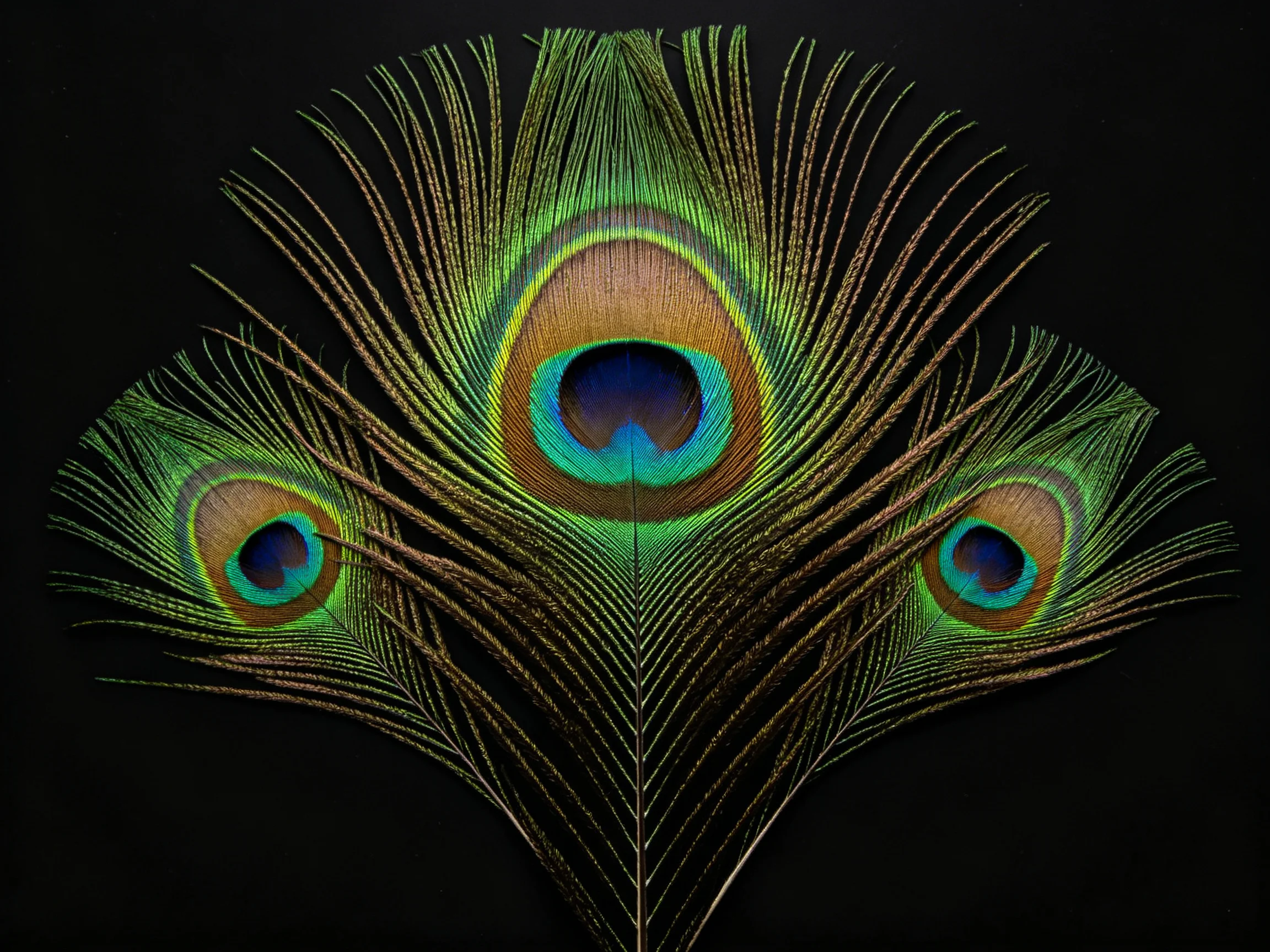 Three vibrant peacock eye feathers arranged against a dark backdrop