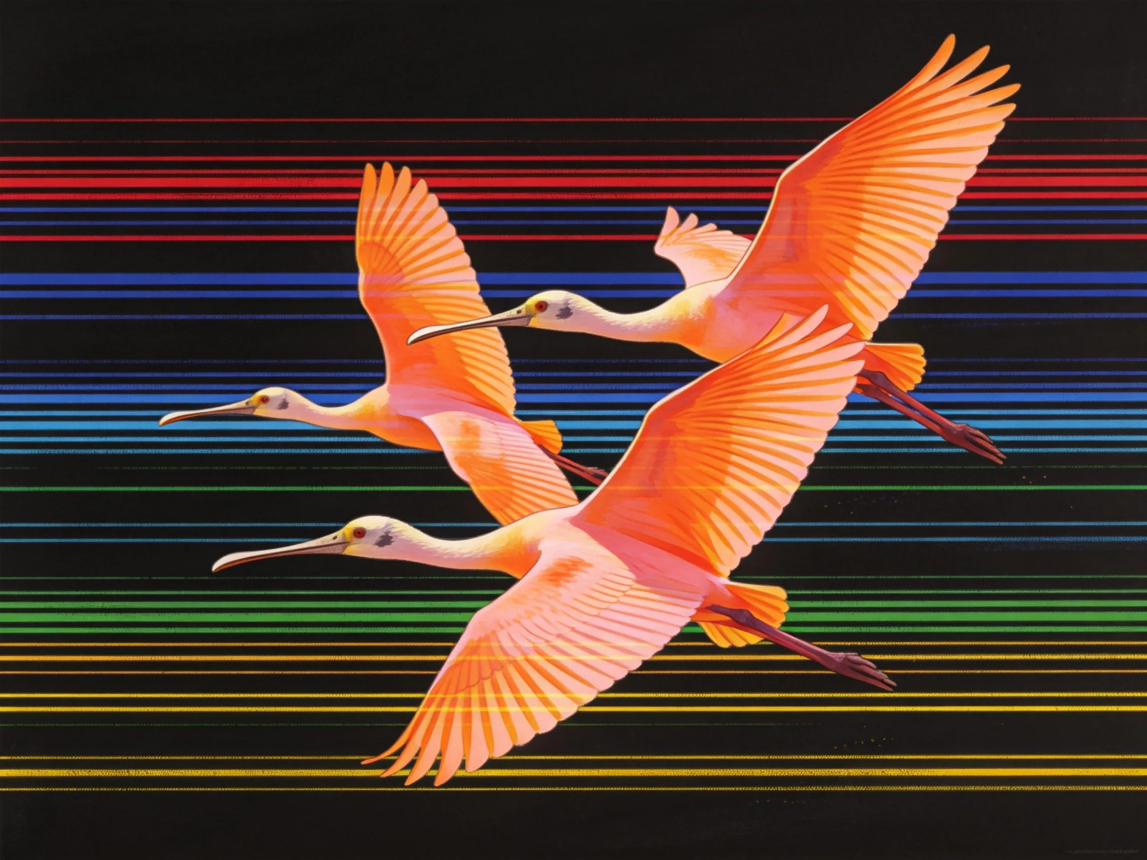 Three vibrant spoonbills soar amid multicolored horizontal stripes