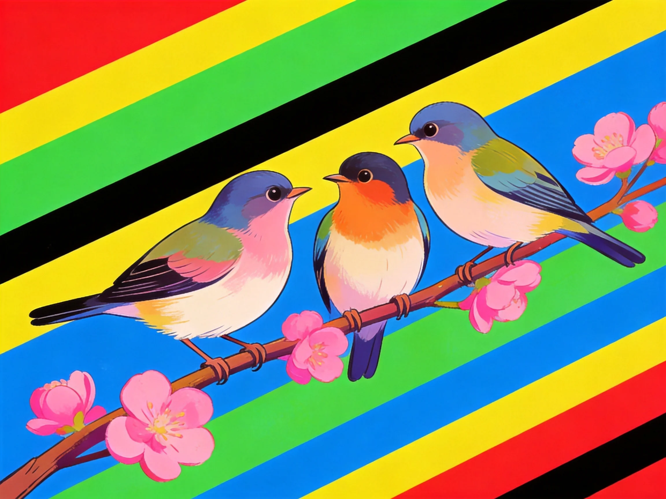 Three vibrantly colored birds on a flowering branch with bold stripes