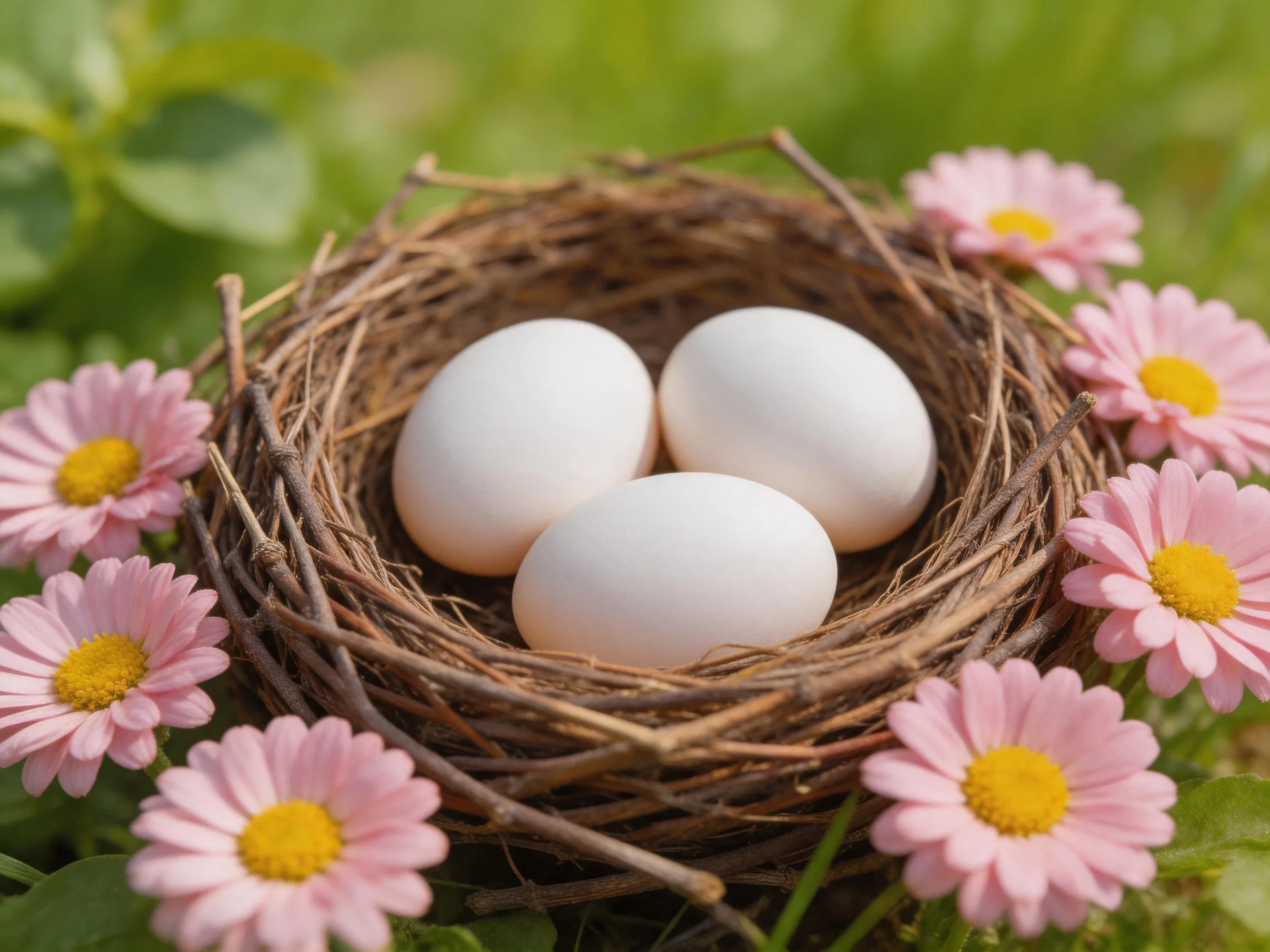 Three white eggs in a twig nest with pink daisies