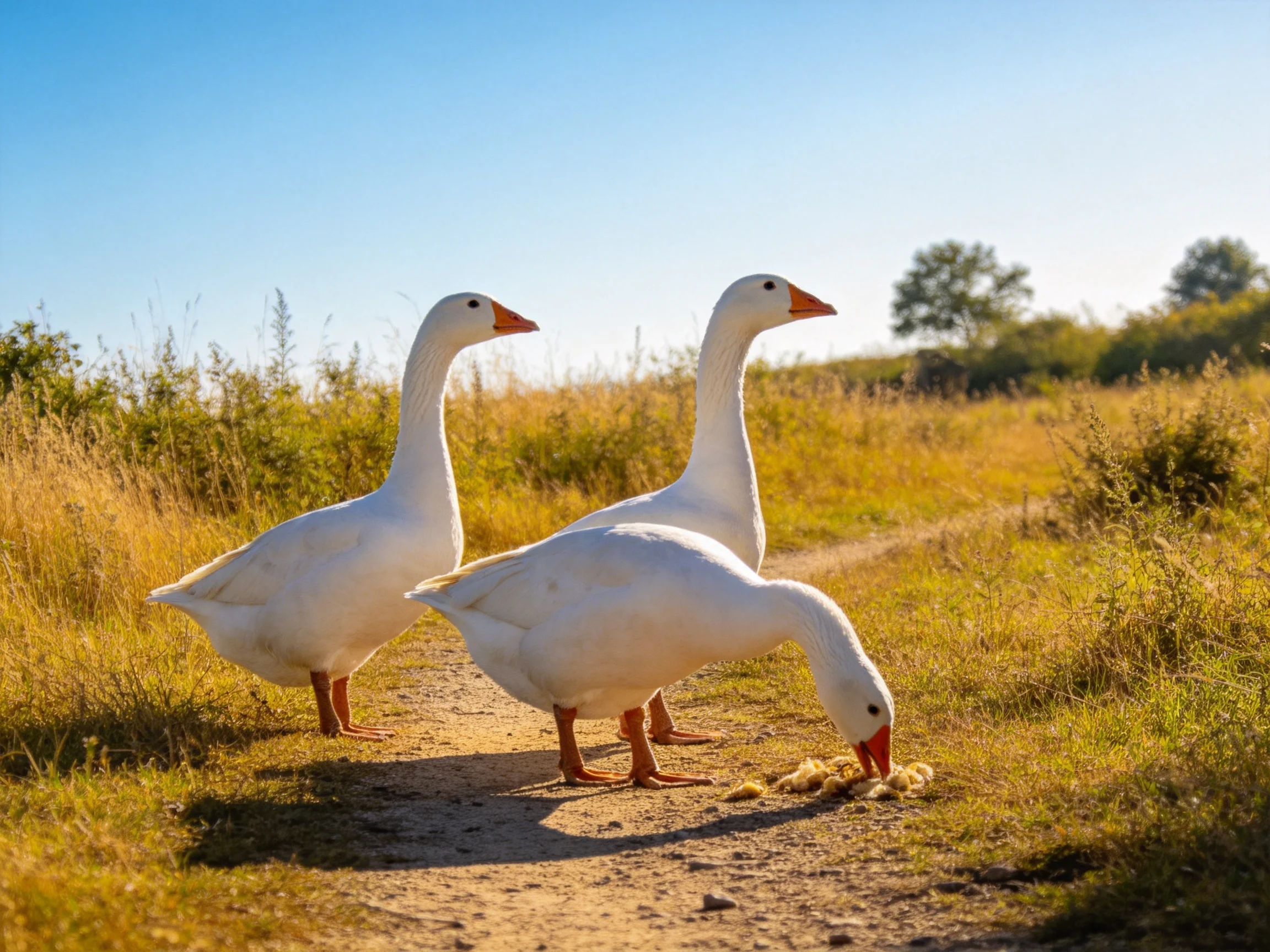 Three white geese foraging on a sunlit country path