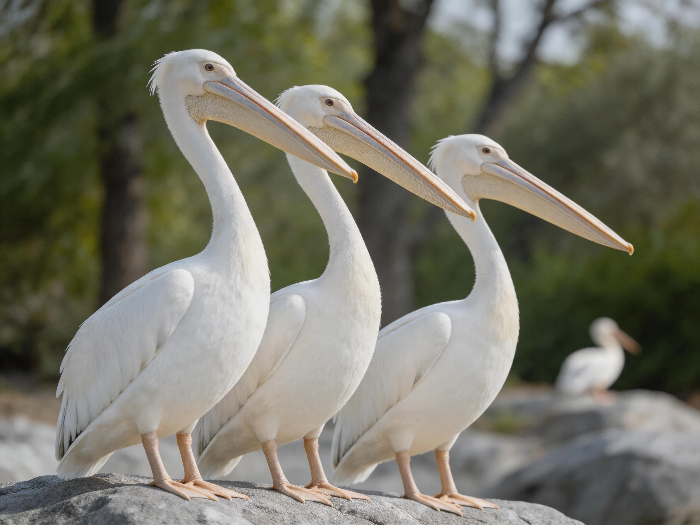 Three white pelicans stand side by side on a rock