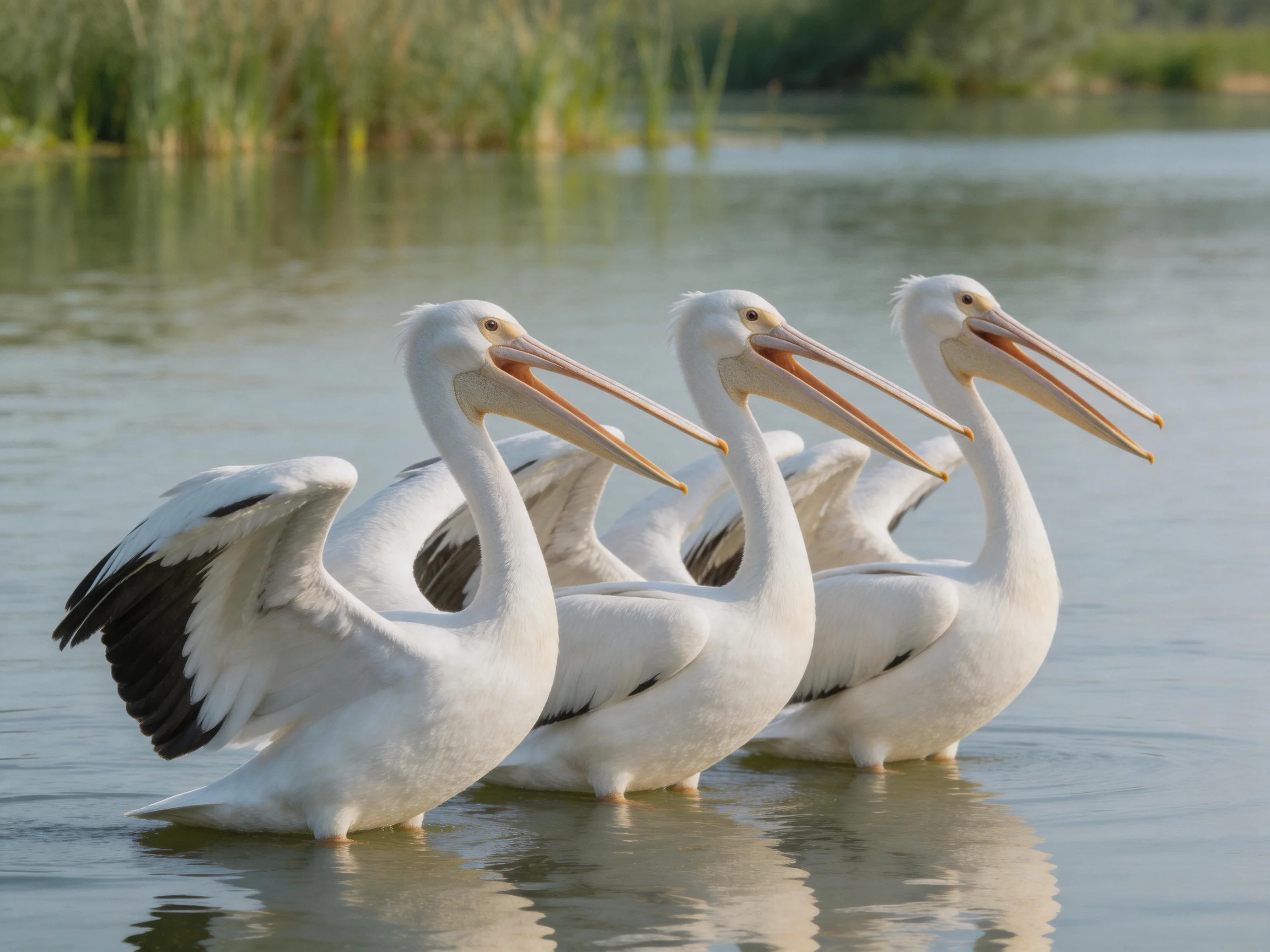 Three white pelicans wading together in calm waters near green reeds