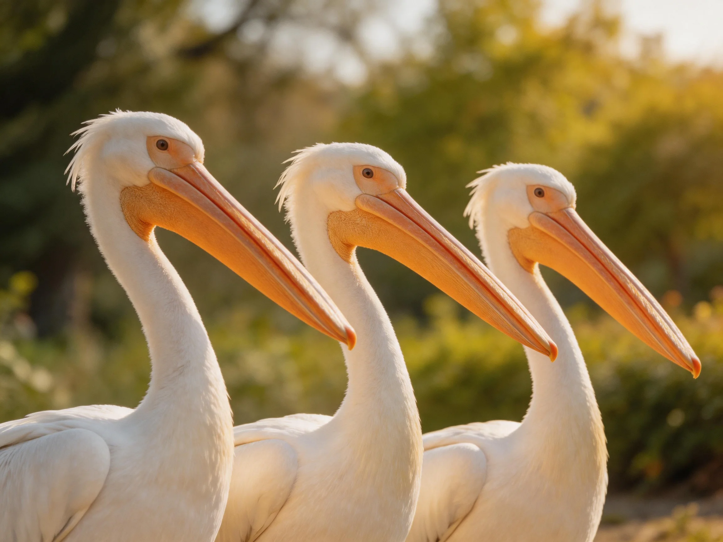 Three white pelicans with long orange beaks in a natural outdoor setting