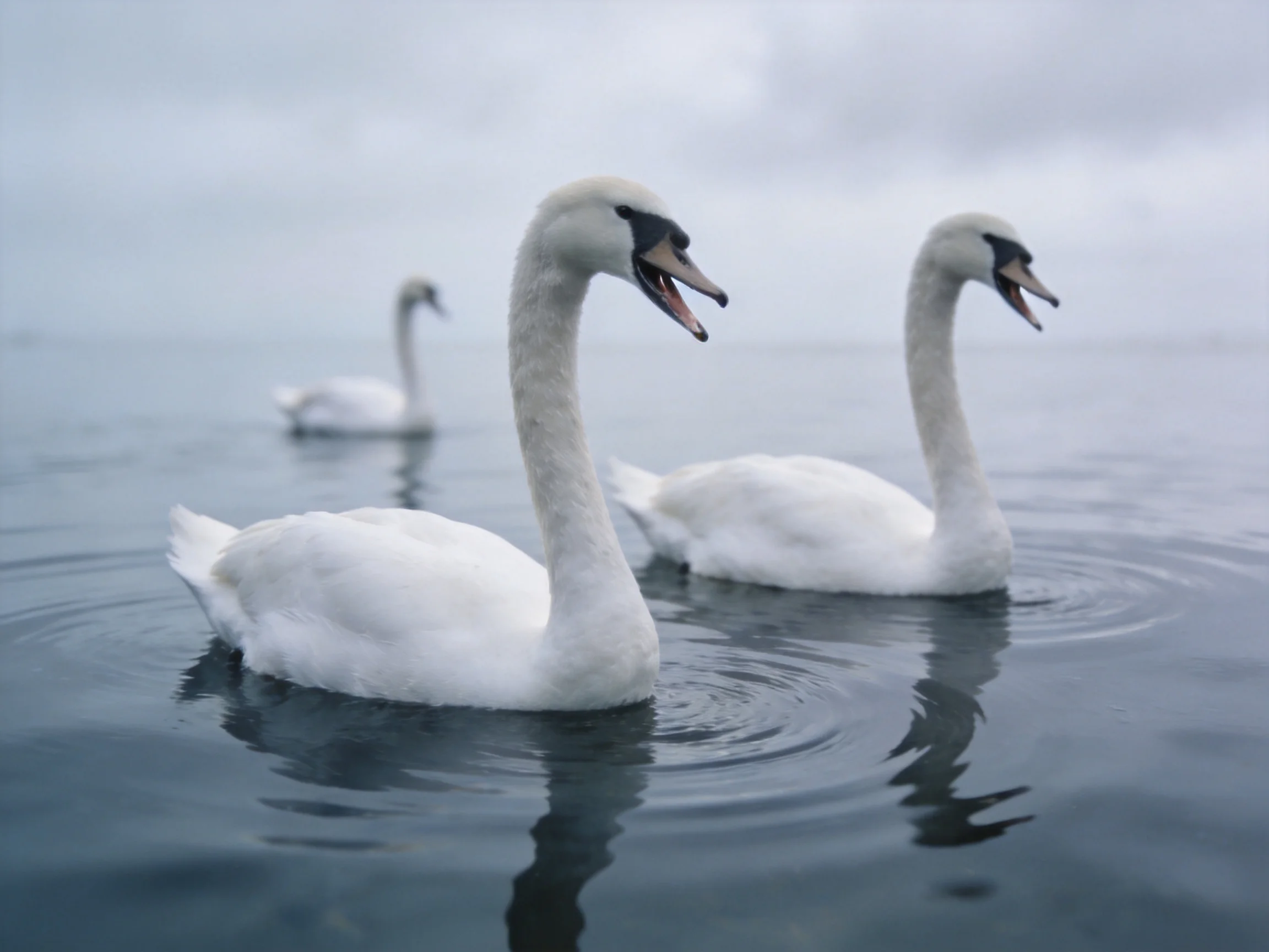Three white swans glide across calm blue water under an overcast sky