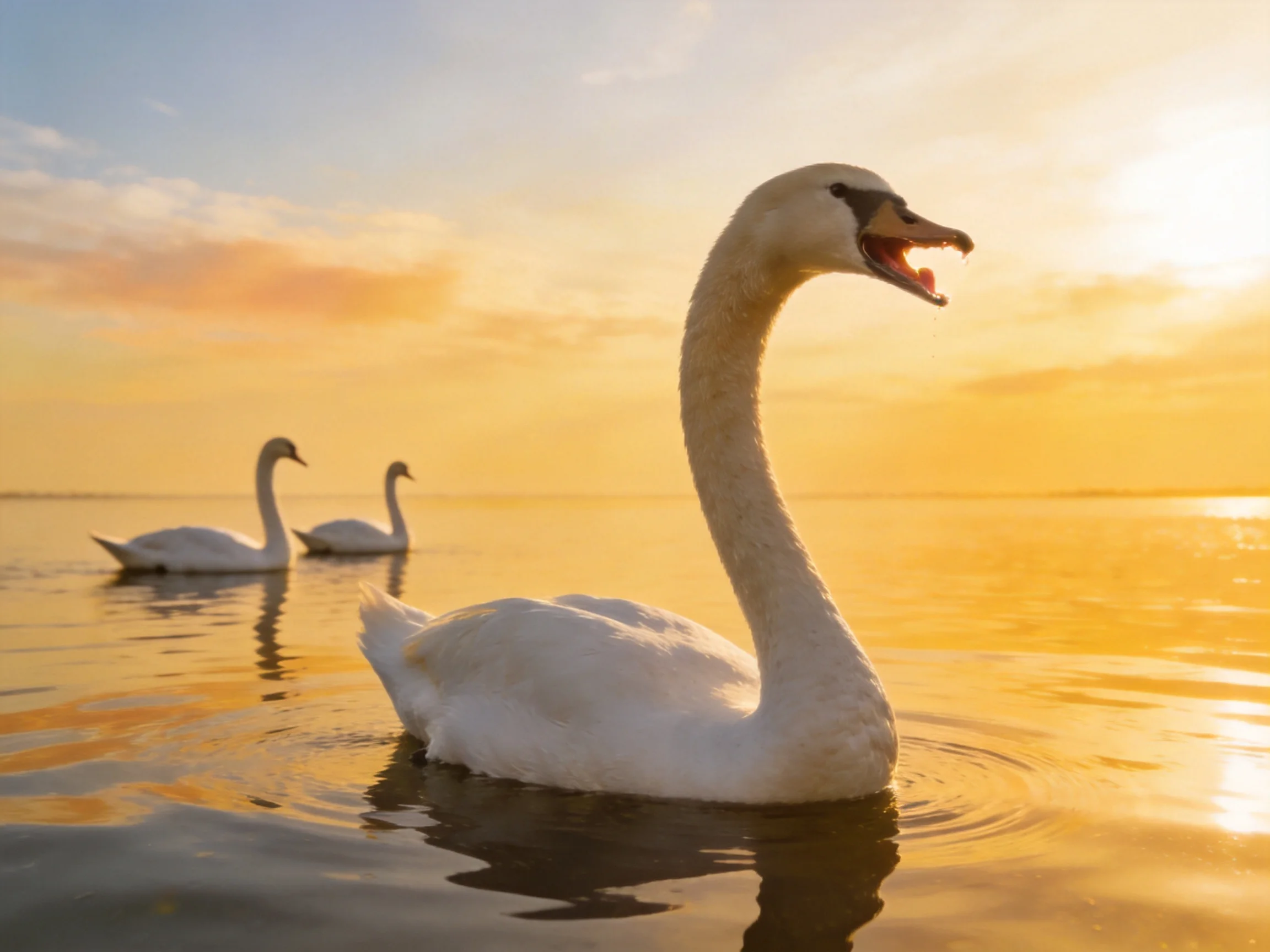 Three white swans glide on calm water during golden sunset