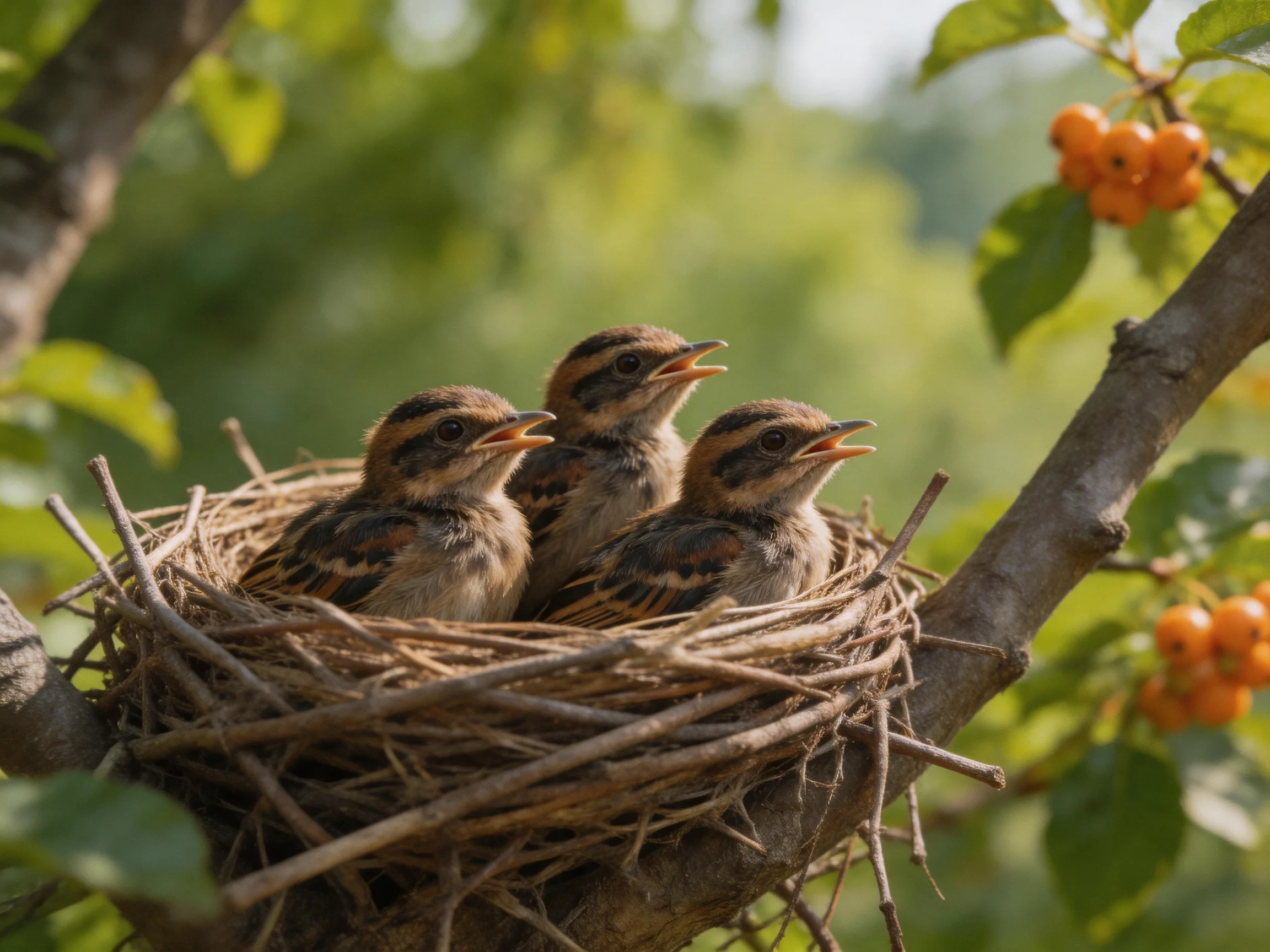 Three young songbirds nestled in a twiggy nest near vibrant orange berries