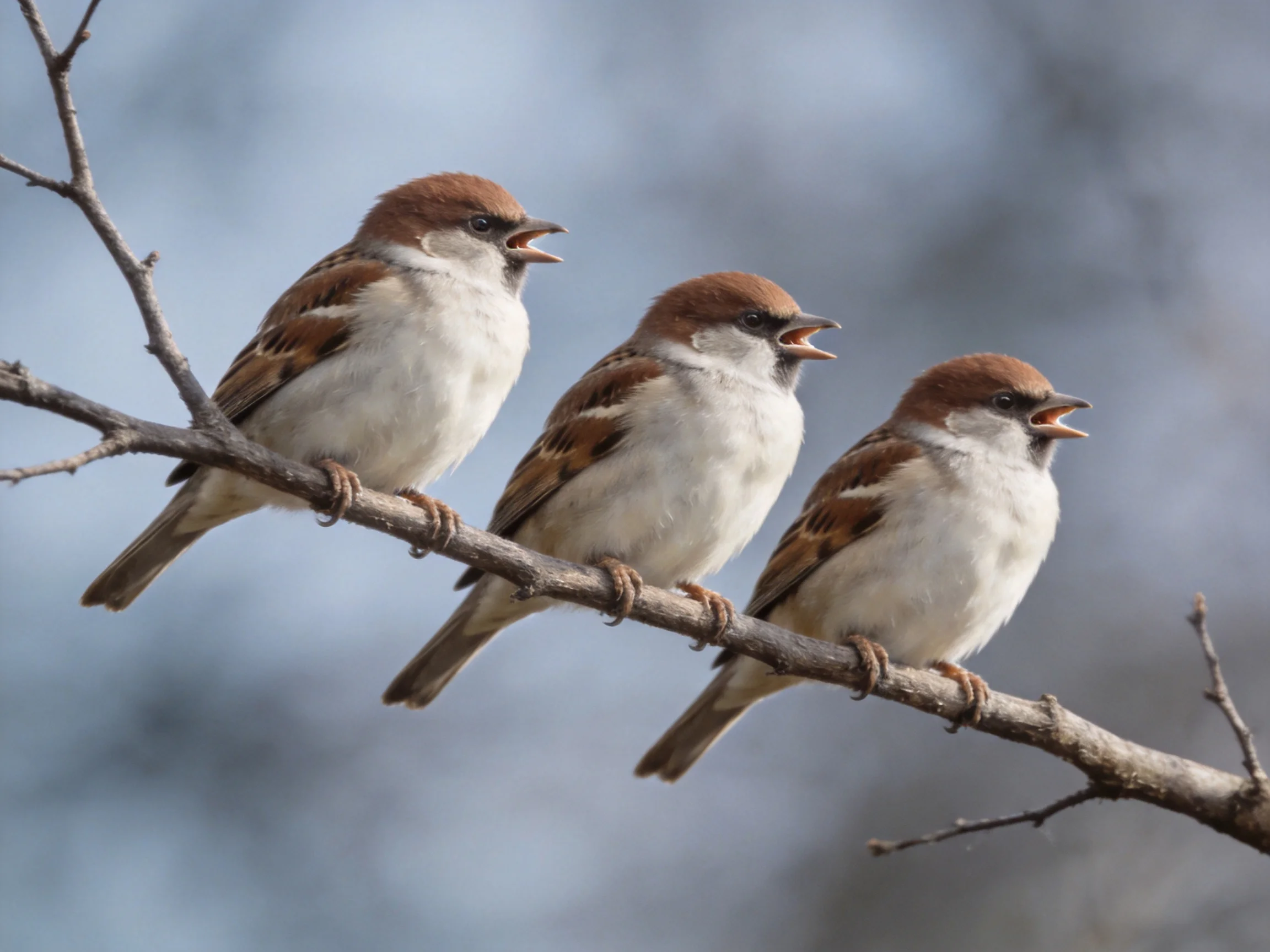 Threebrown-capped sparrows perched on a bare tree branch
