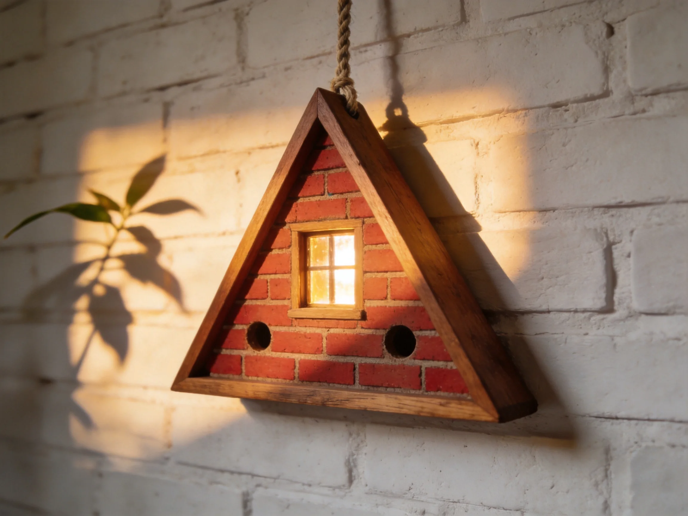 Triangular wooden birdhouse with red brick design hangs from rope on white brick wall