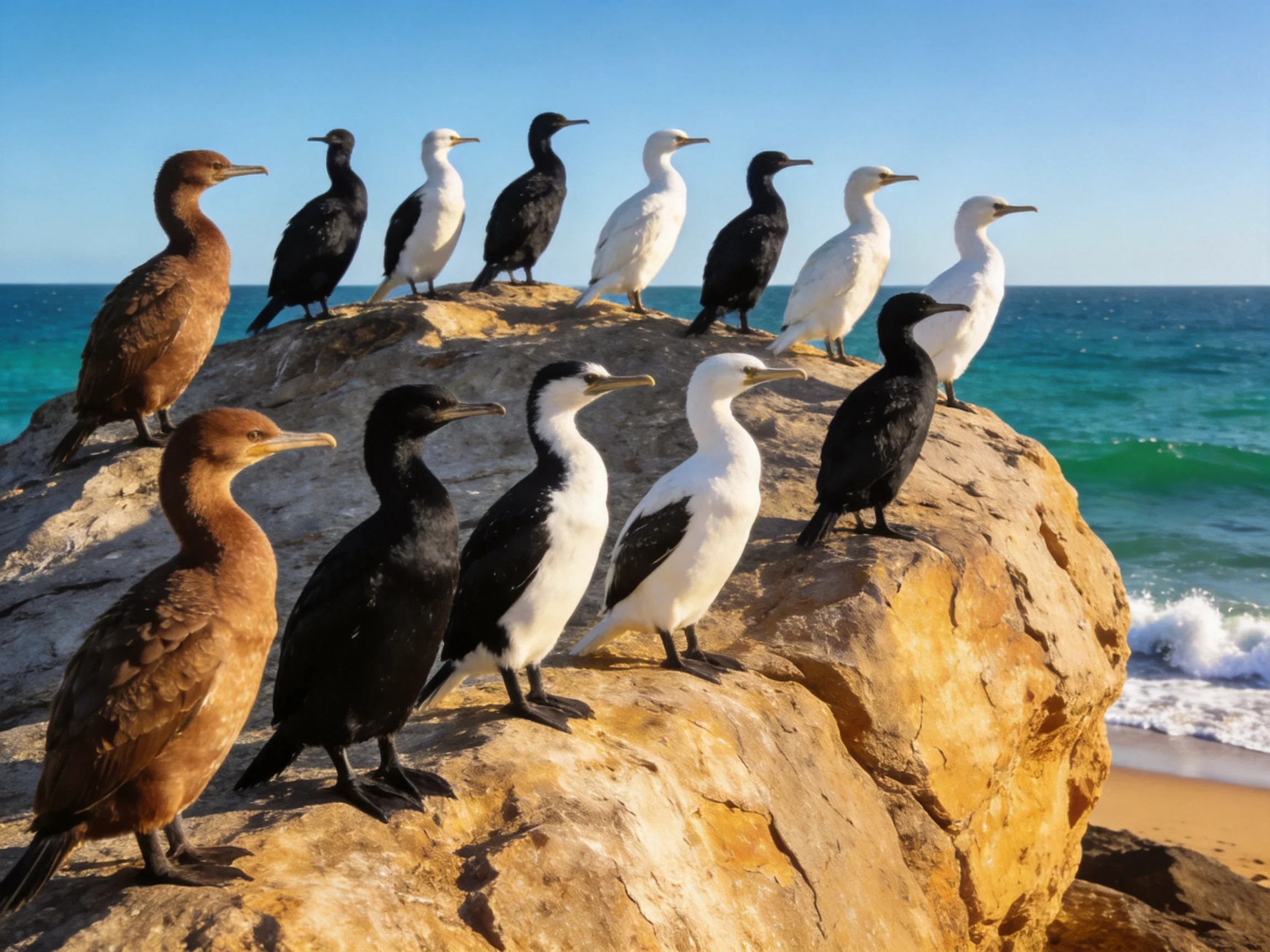 Twelve seabirds in brown, black, white gather on a large coastal rock