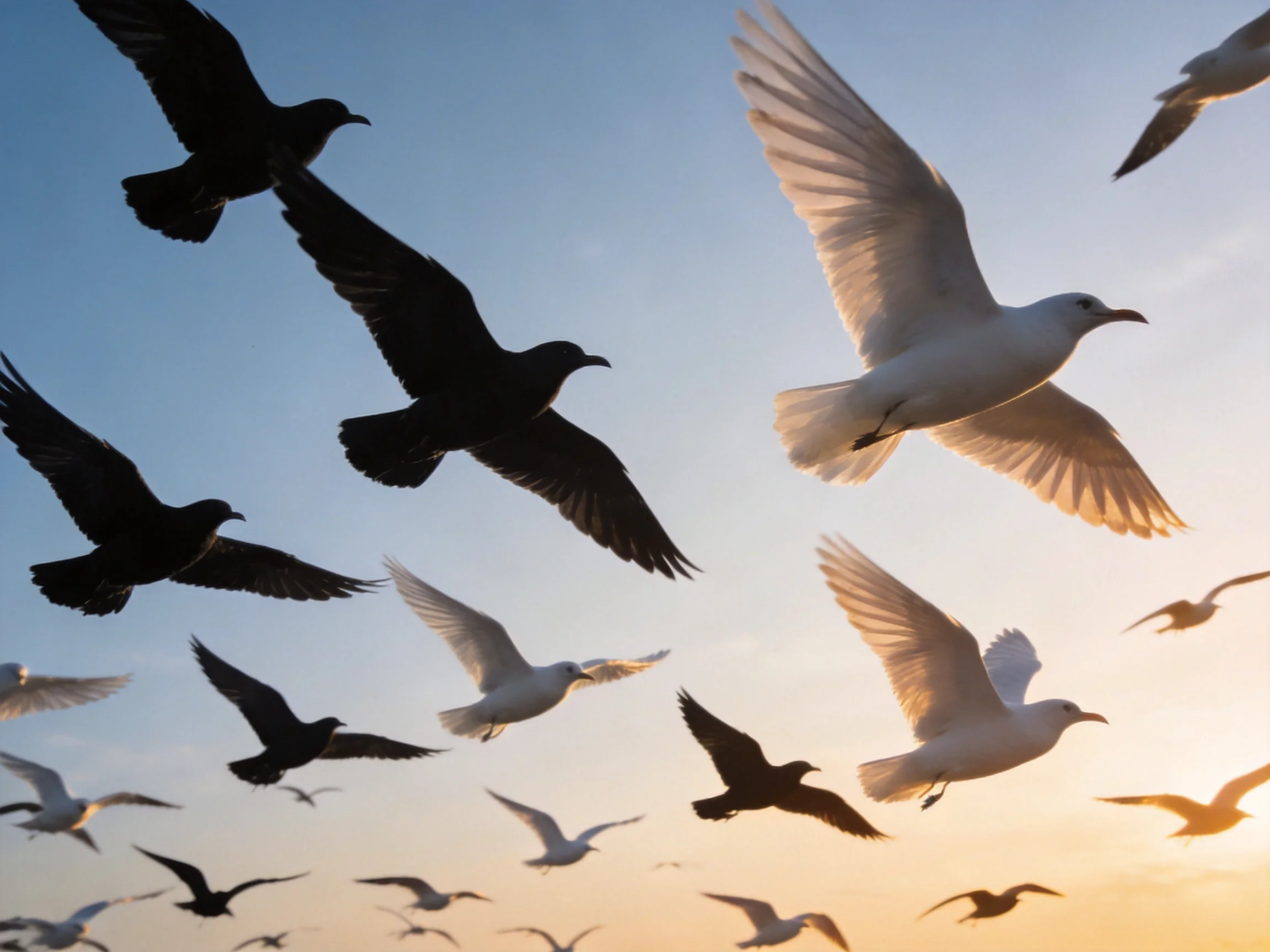 Twenty-plus birds soar in gradient sky with white and dark plumage