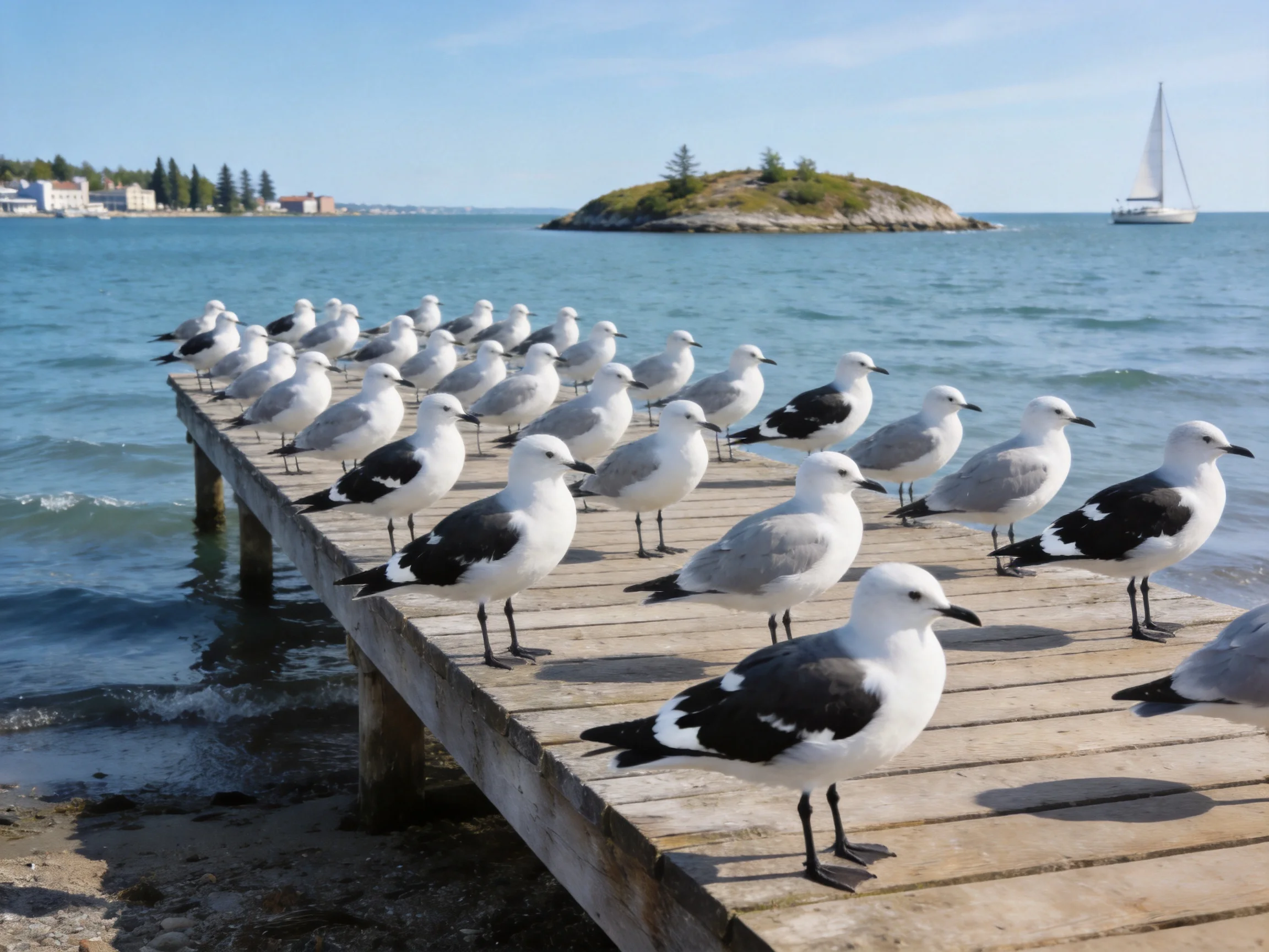 Twenty seagulls gather on a weathered wooden dock by calm blue waters