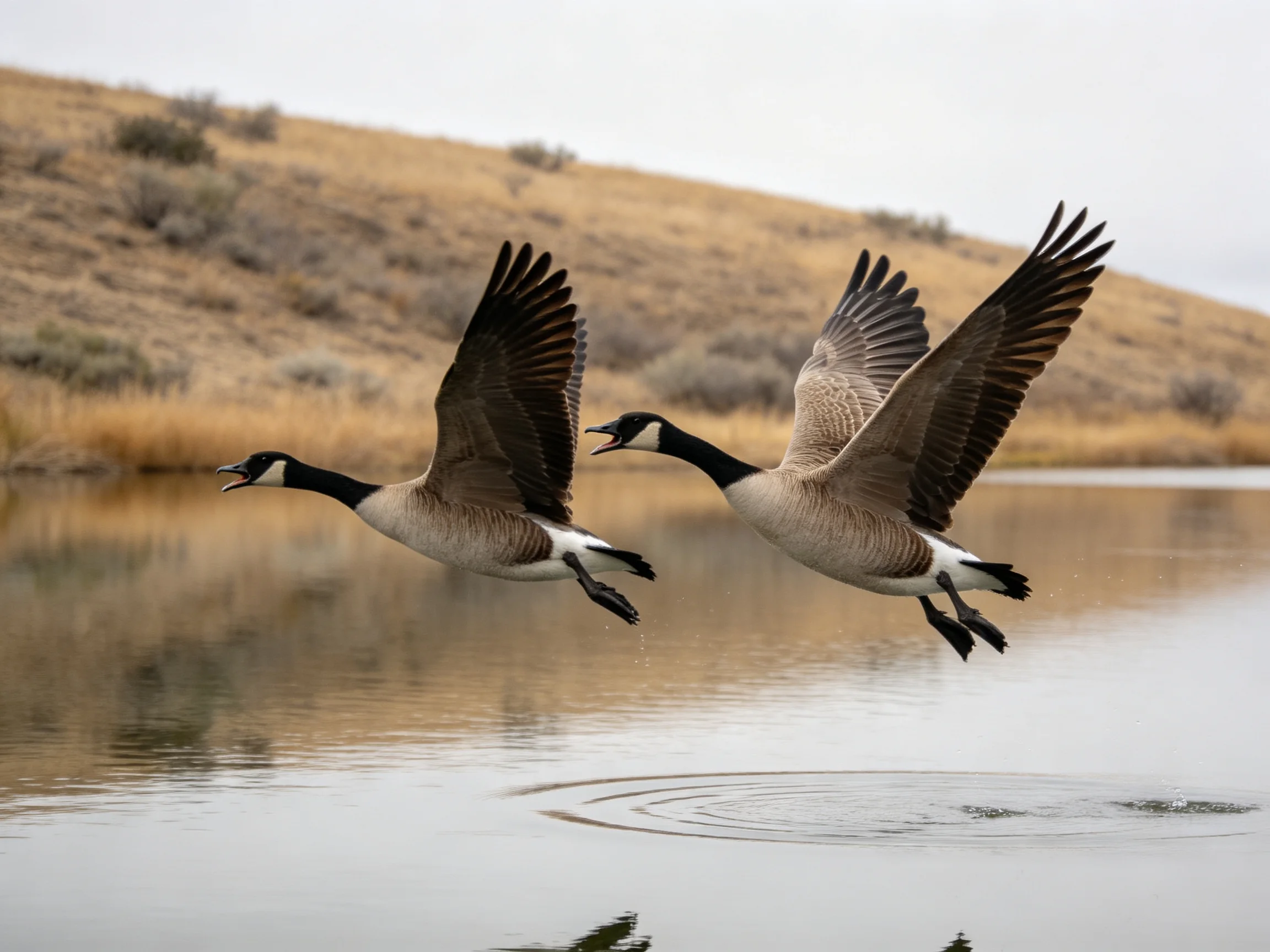 Two Canada Geese Flying Over Still Water Near Dry Rolling Hills