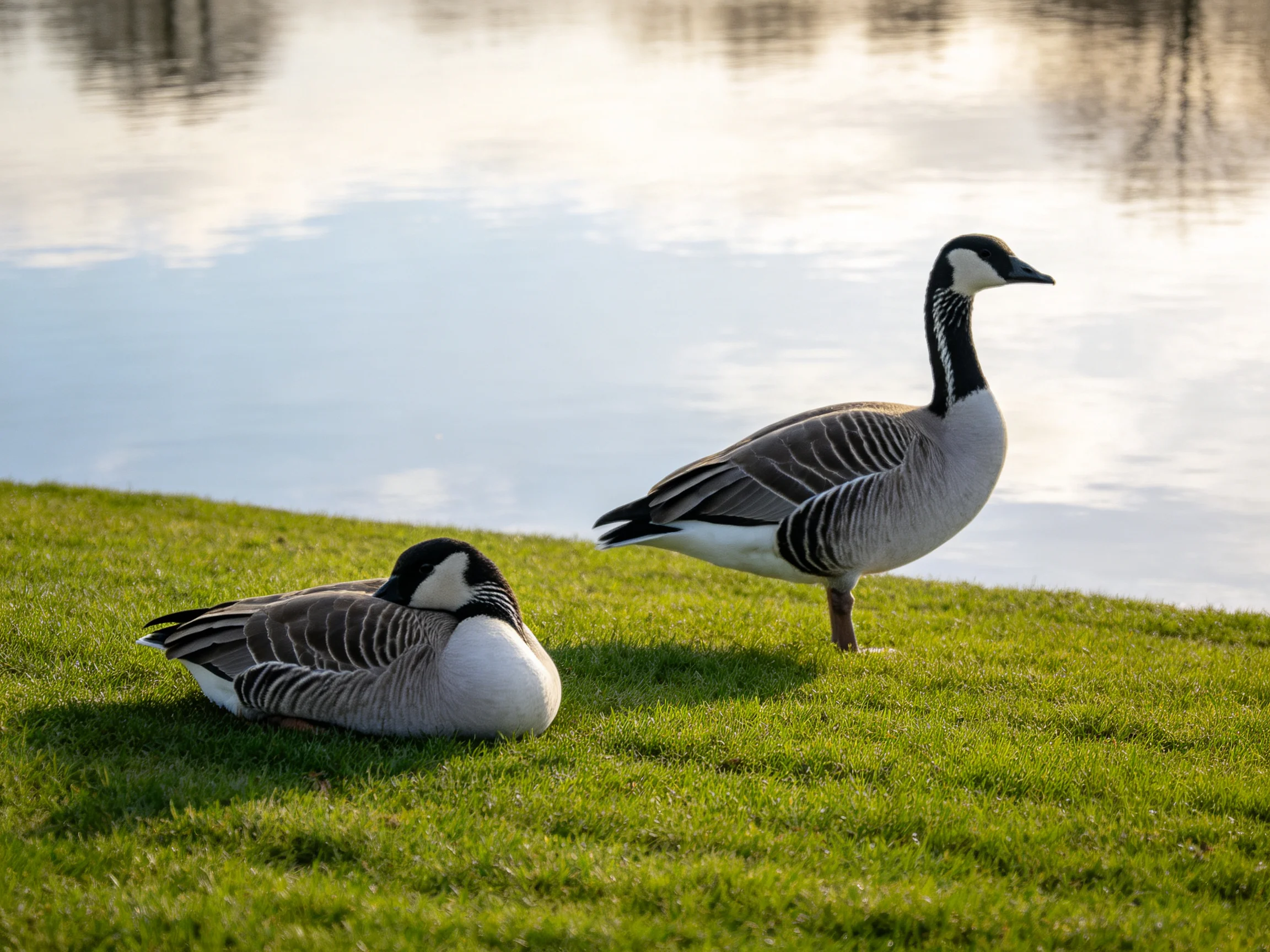 Two Canada Geese, One Resting, One Standing, Near a Calm Lake