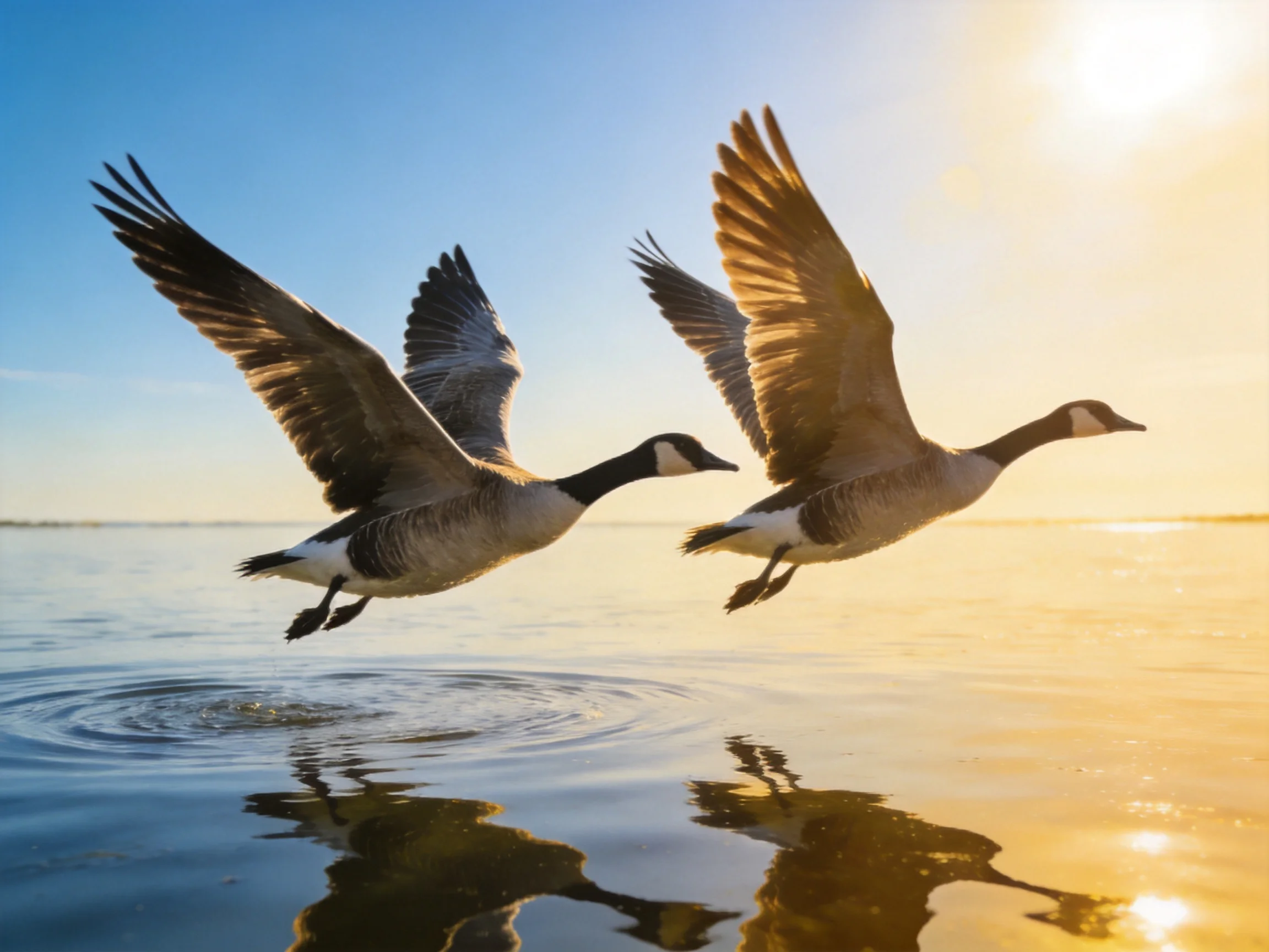 Two Canada Geese Soaring Over Shimmering Water at Golden Hour