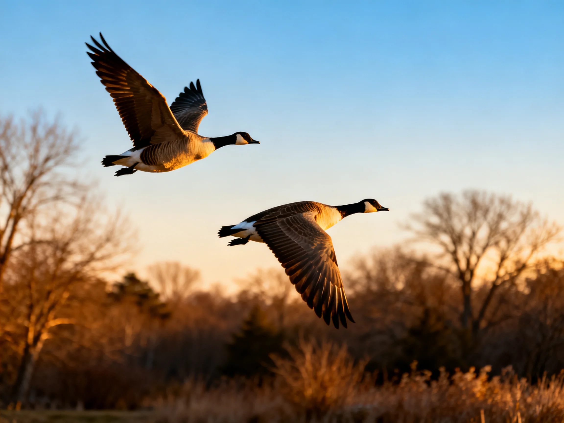 Two Canada Geese Soaring Through Golden Sunset Over Autumn Landscape