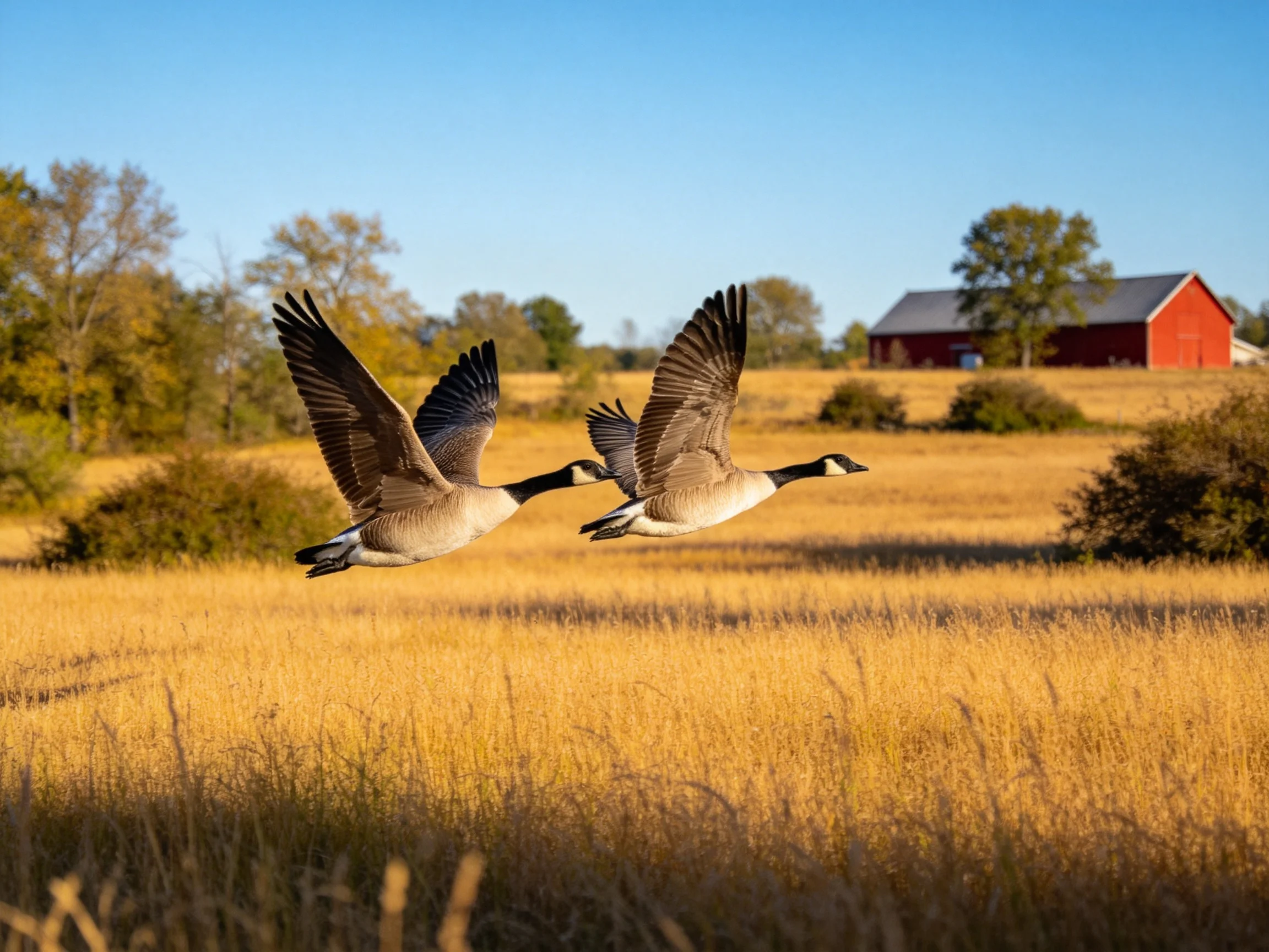 Two Canada Geese soaring over golden grassland with red barn