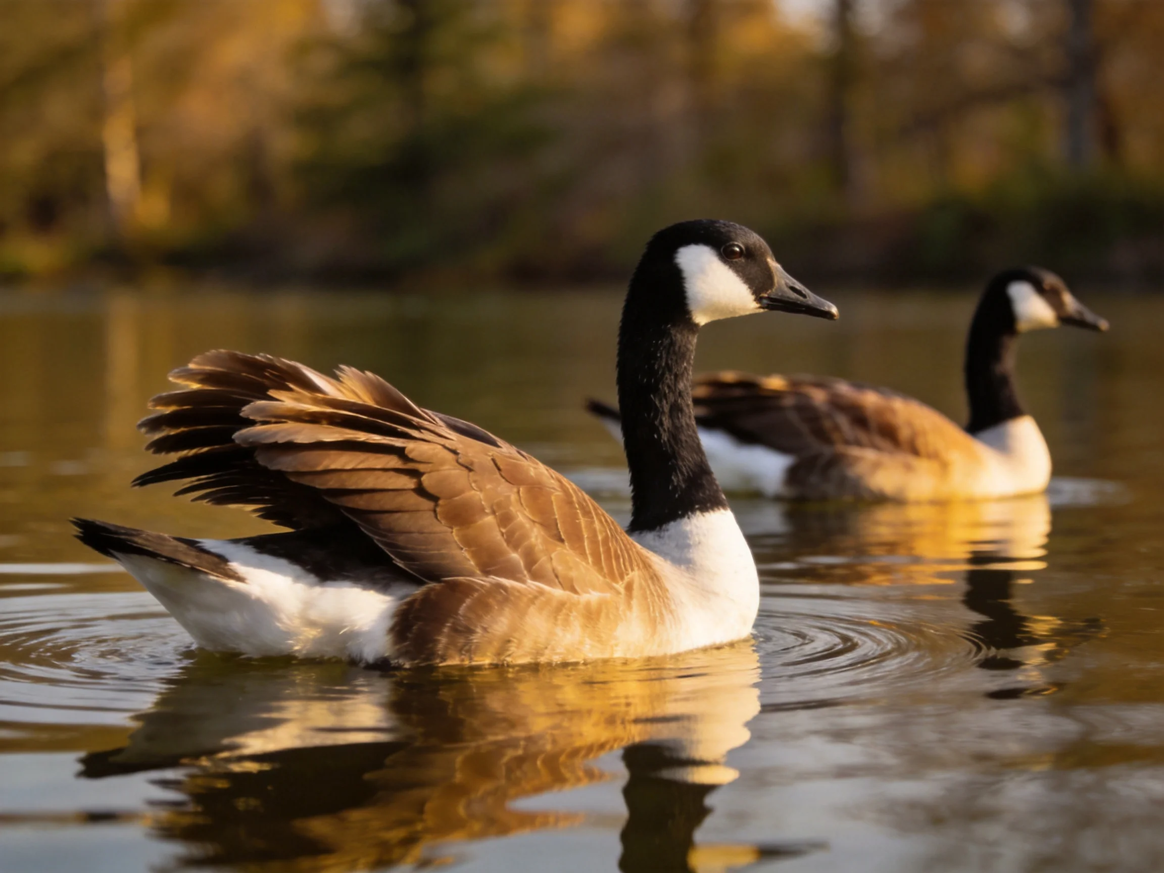 Two Canada Geese swim in golden-hued water