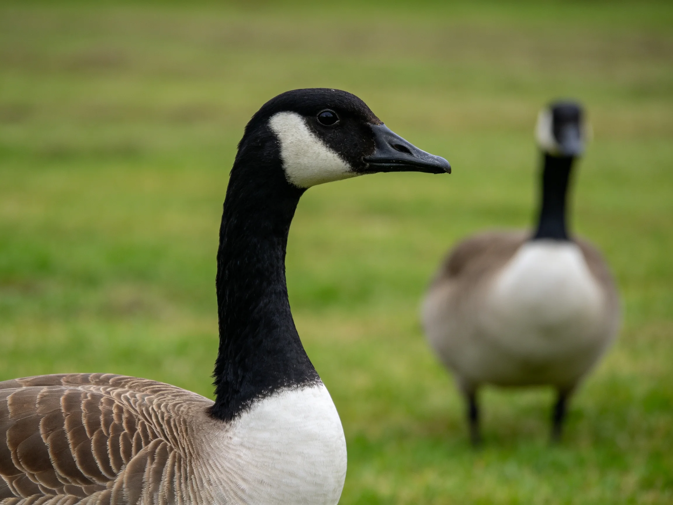 Two Canada Geese with Black and White Feathers on Lush Green Grass