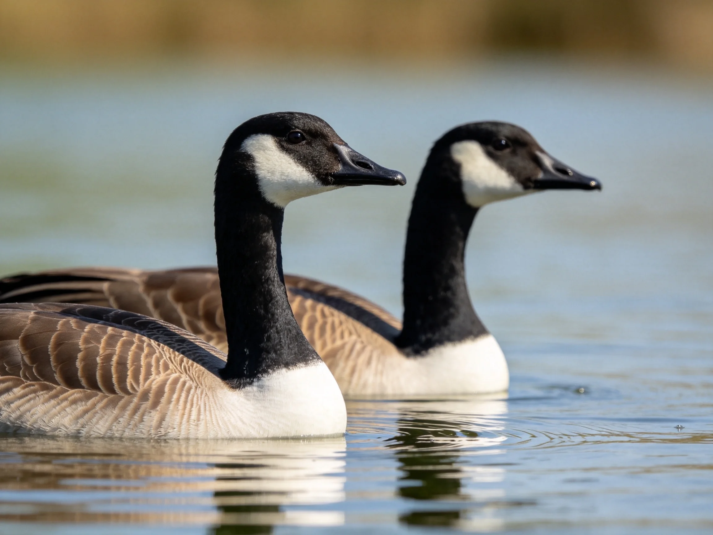 Two Canada geese with black and white plumage swim in calm water