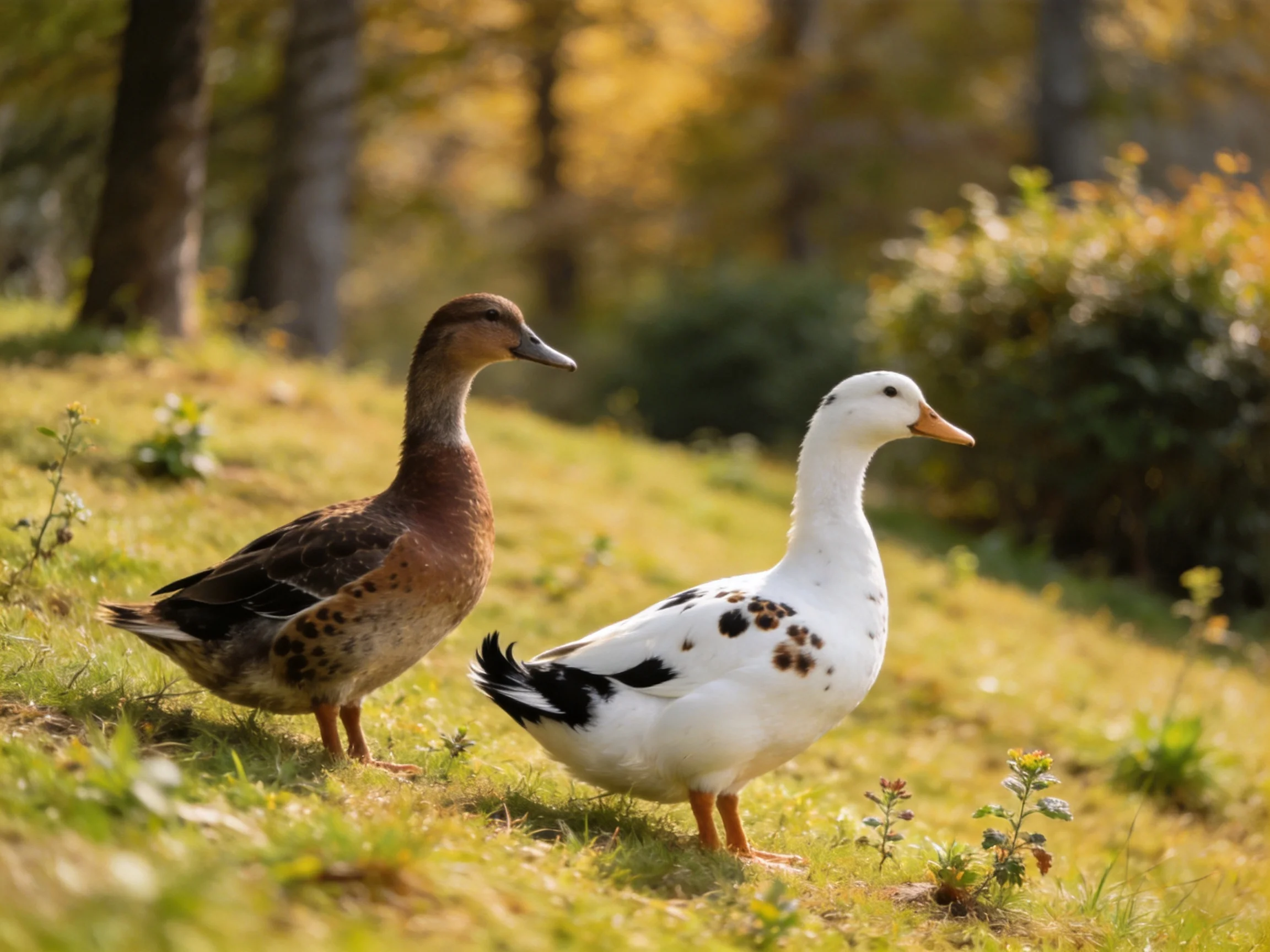 Two Ducks, One Brown-Speckled, One White-Spotted, on a Sunlit Grassy Slope