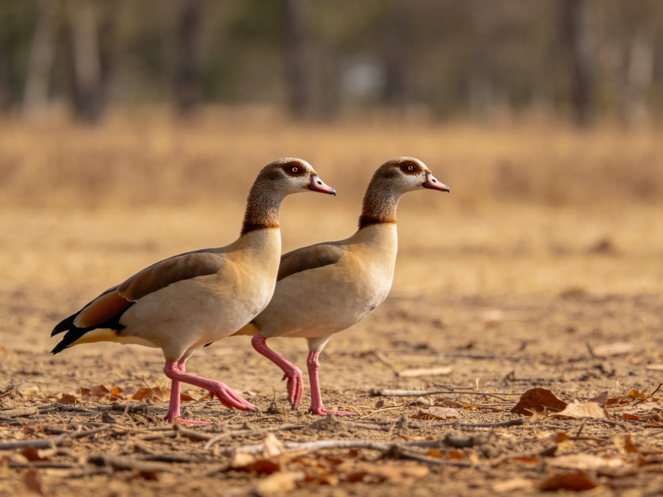Two Egyptian geese walking together on dry earth with scattered leaves
