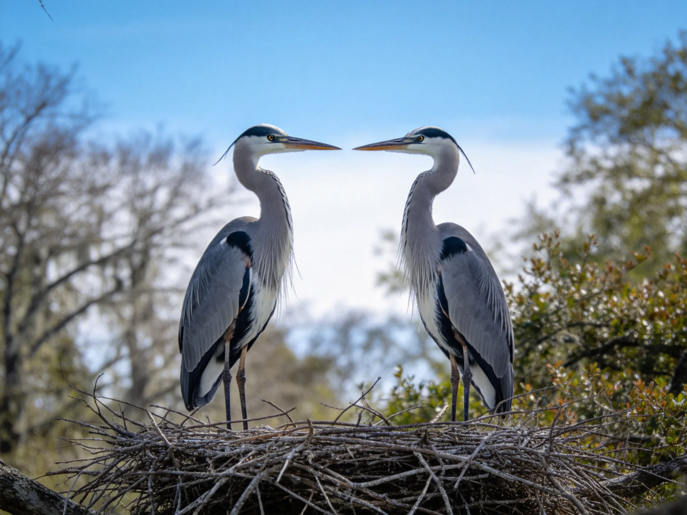 Two Great Blue Herons Face Each Other in a Twig Nest