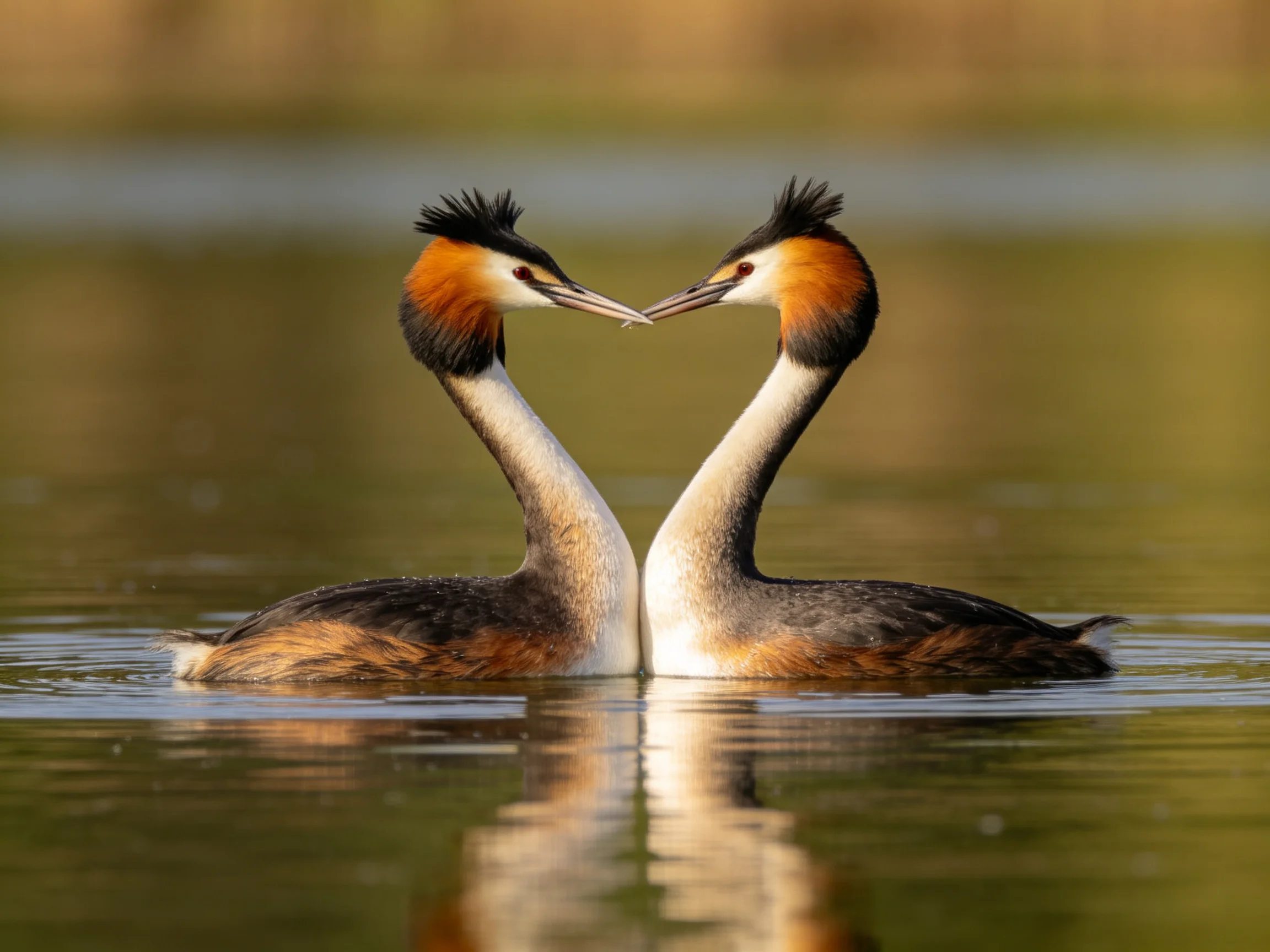 Two Great Crested Grebes displaying affectionate behavior in calm water
