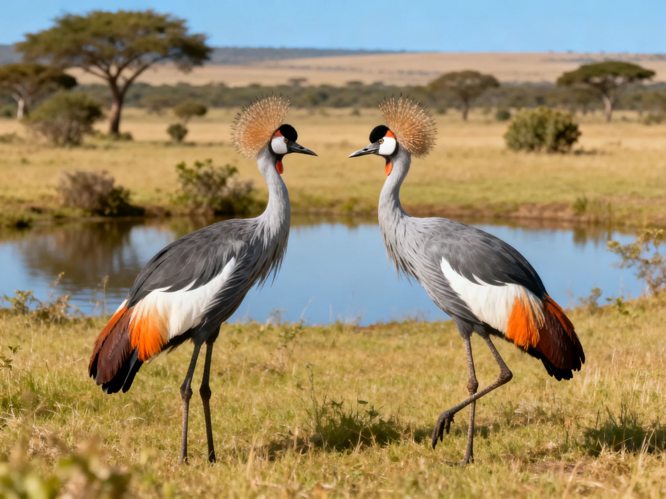 Two Grey-Crowned Cranes Face Each Other Near a Savanna Pond