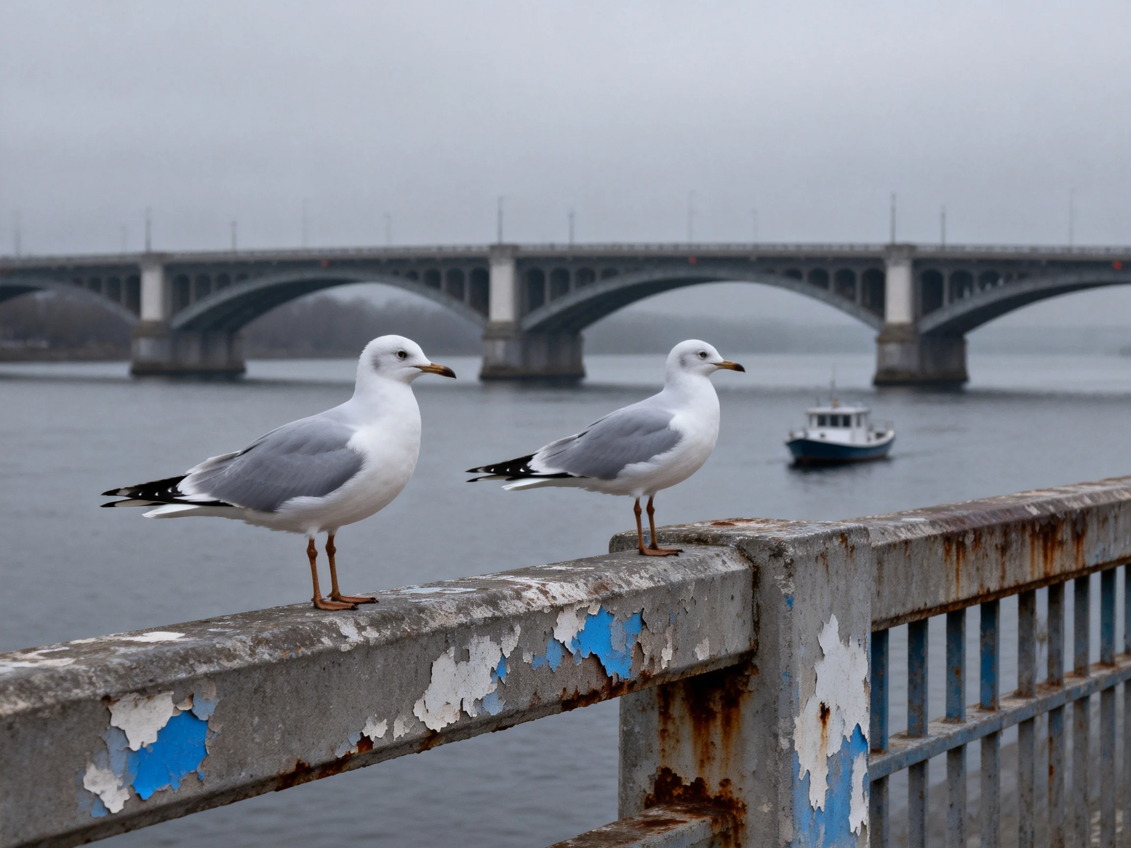 Two Seagulls Perched on a WeatheredRailing Near an Arched Bridge