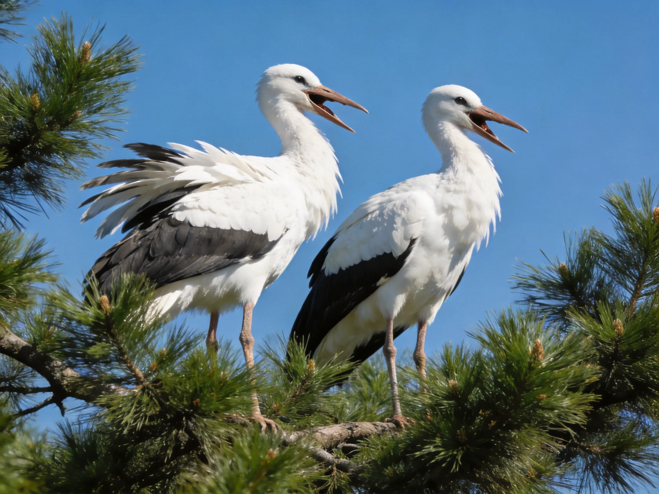 Two White Storks with Black Wings Perched on Pine Branches Under Clear Blue Sky