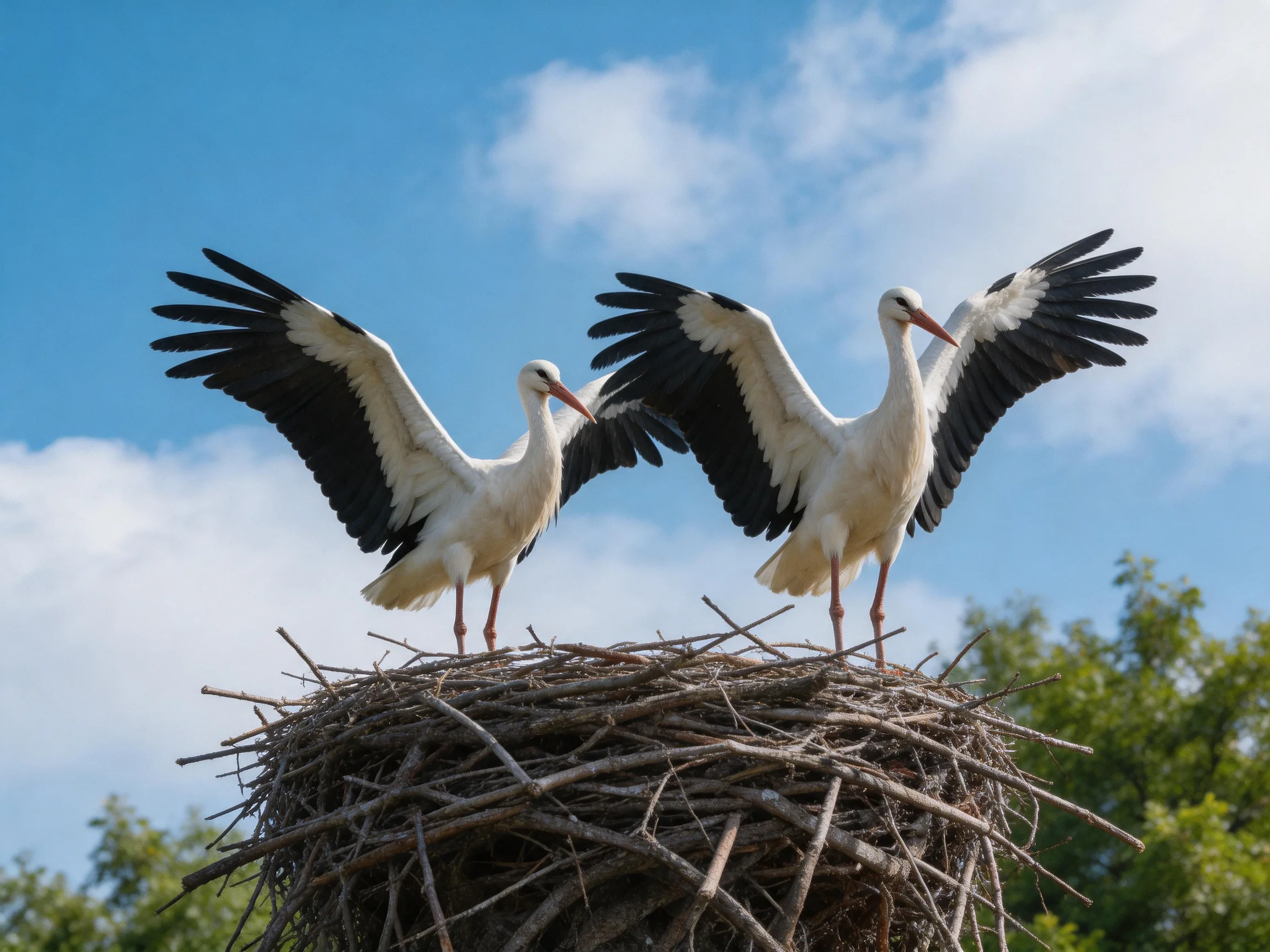 Two White Storks with Black Wings on a Large Nest