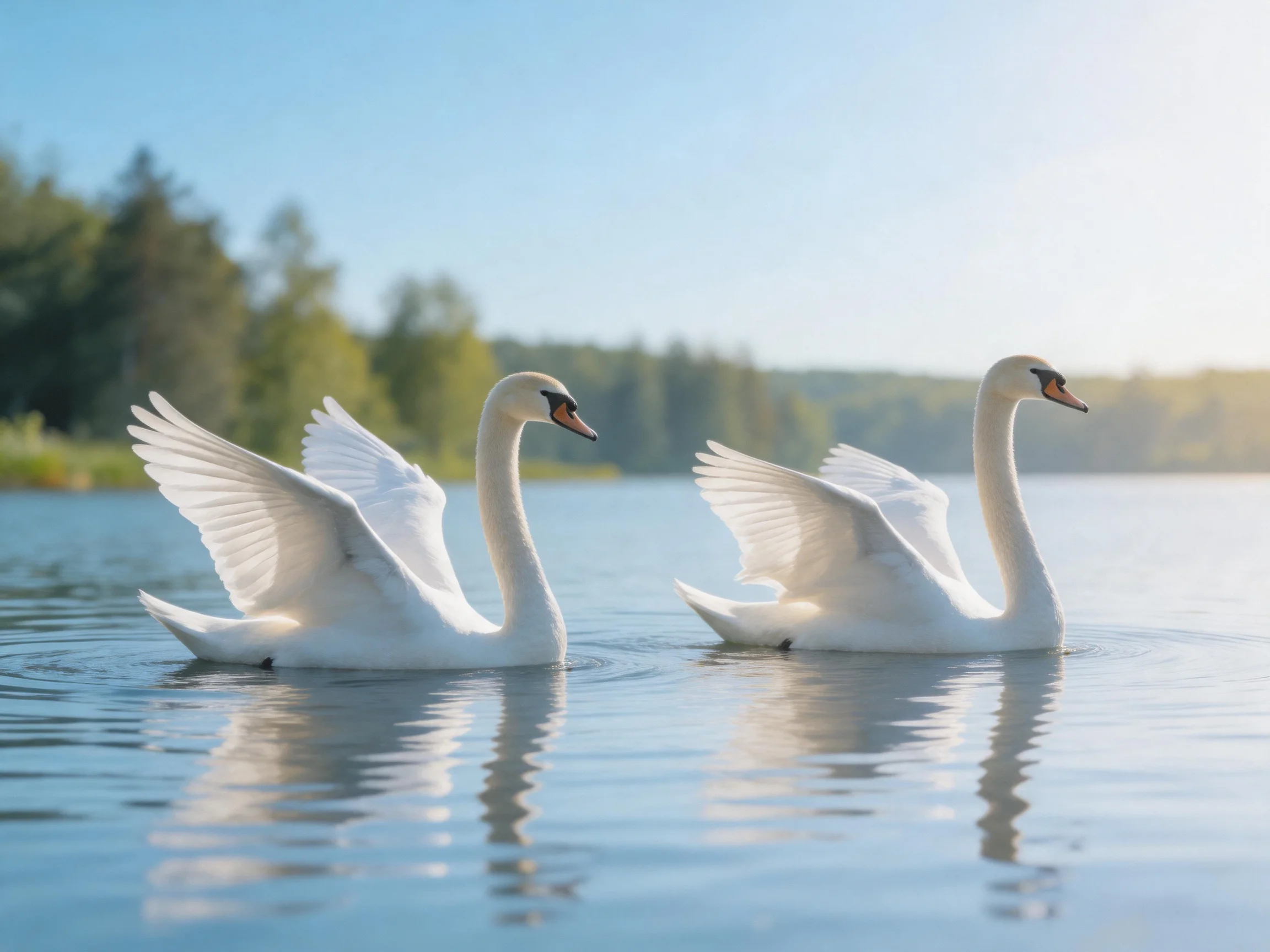 Two White Swans Swimming on a Calm Lake
