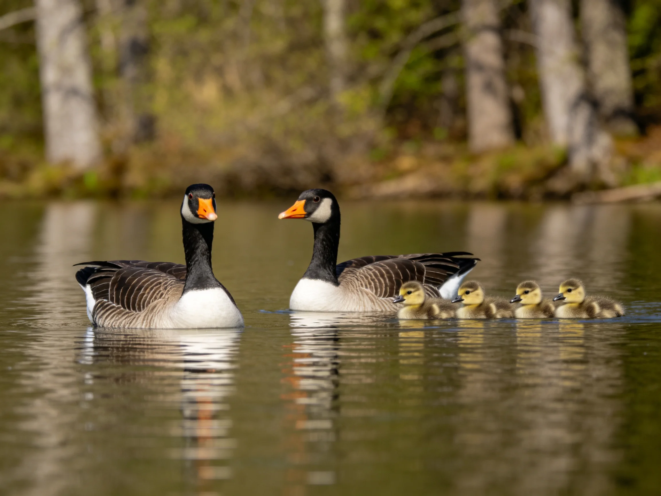Two adult geese swim alongside four goslings near forested shoreline