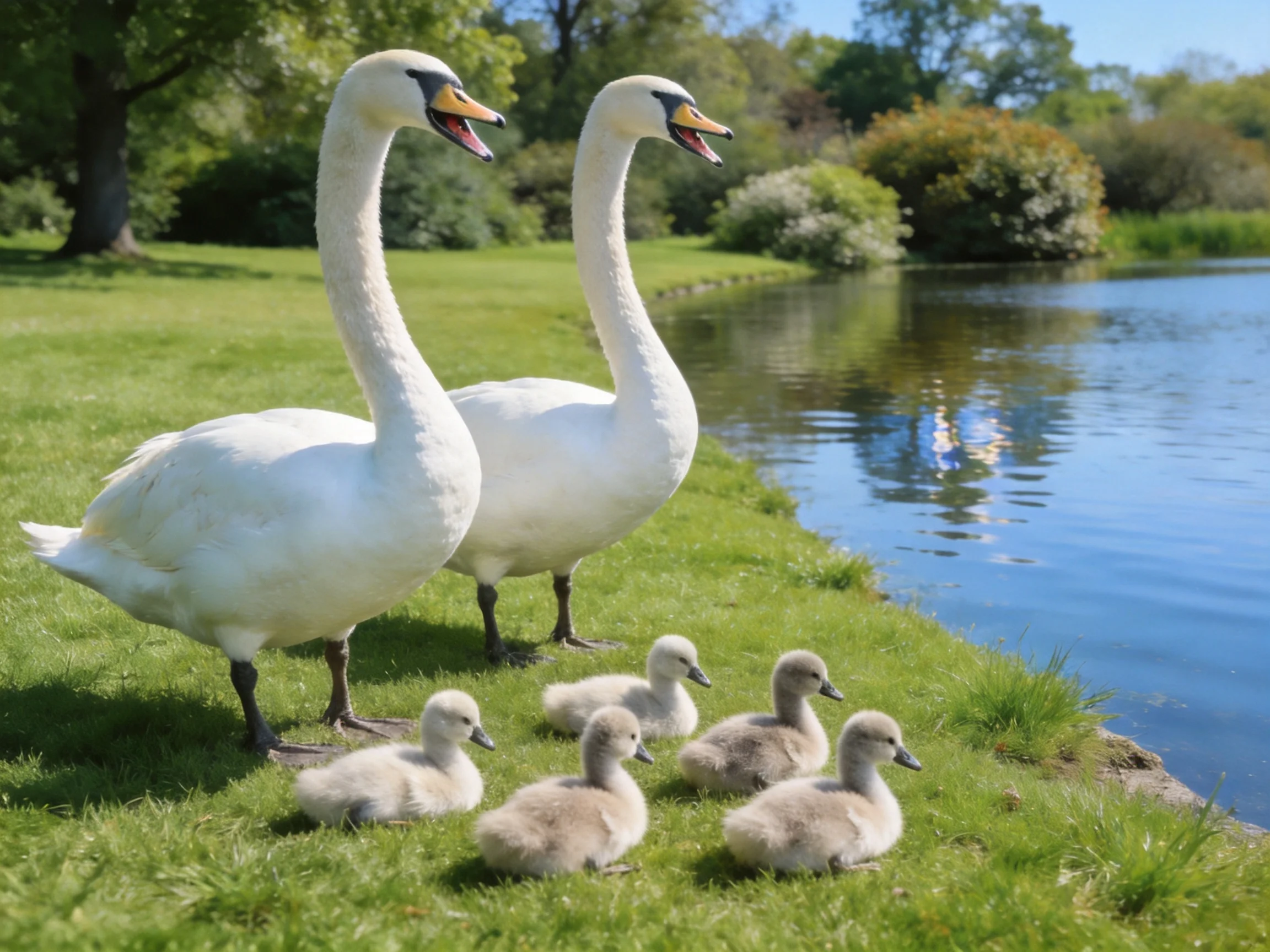 Two adult swans and four cygnets near a tranquil lake on lush grass