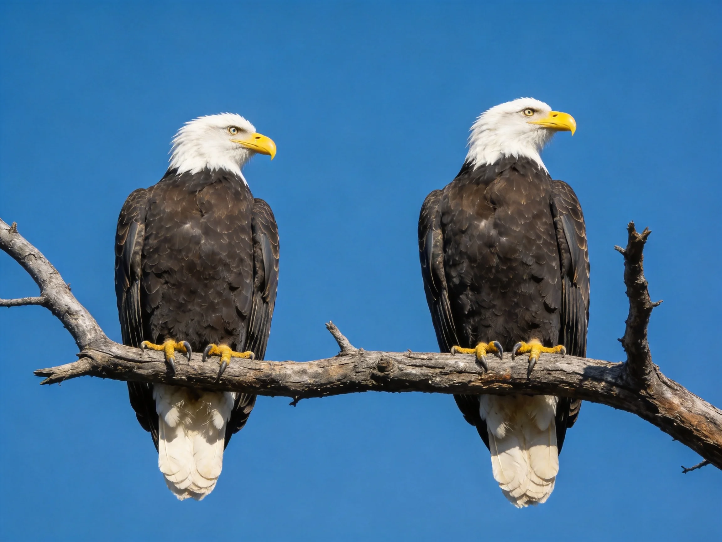 Two bald eagles perch on a weathered tree branch under clear blue sky