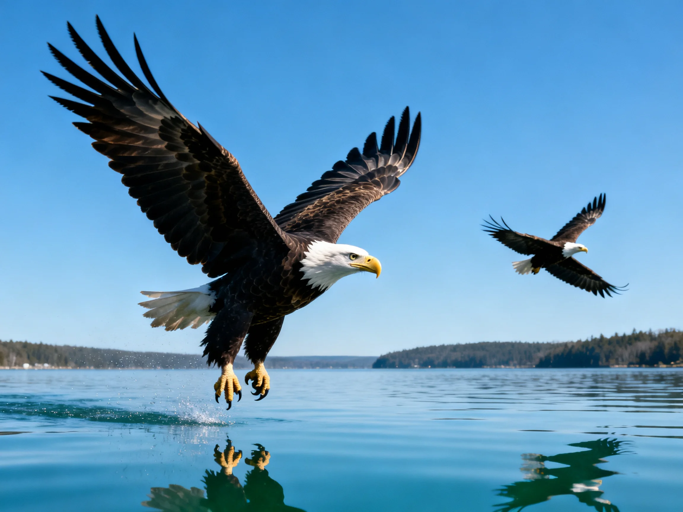 Two bald eagles soar over calm blue waters near forested shores
