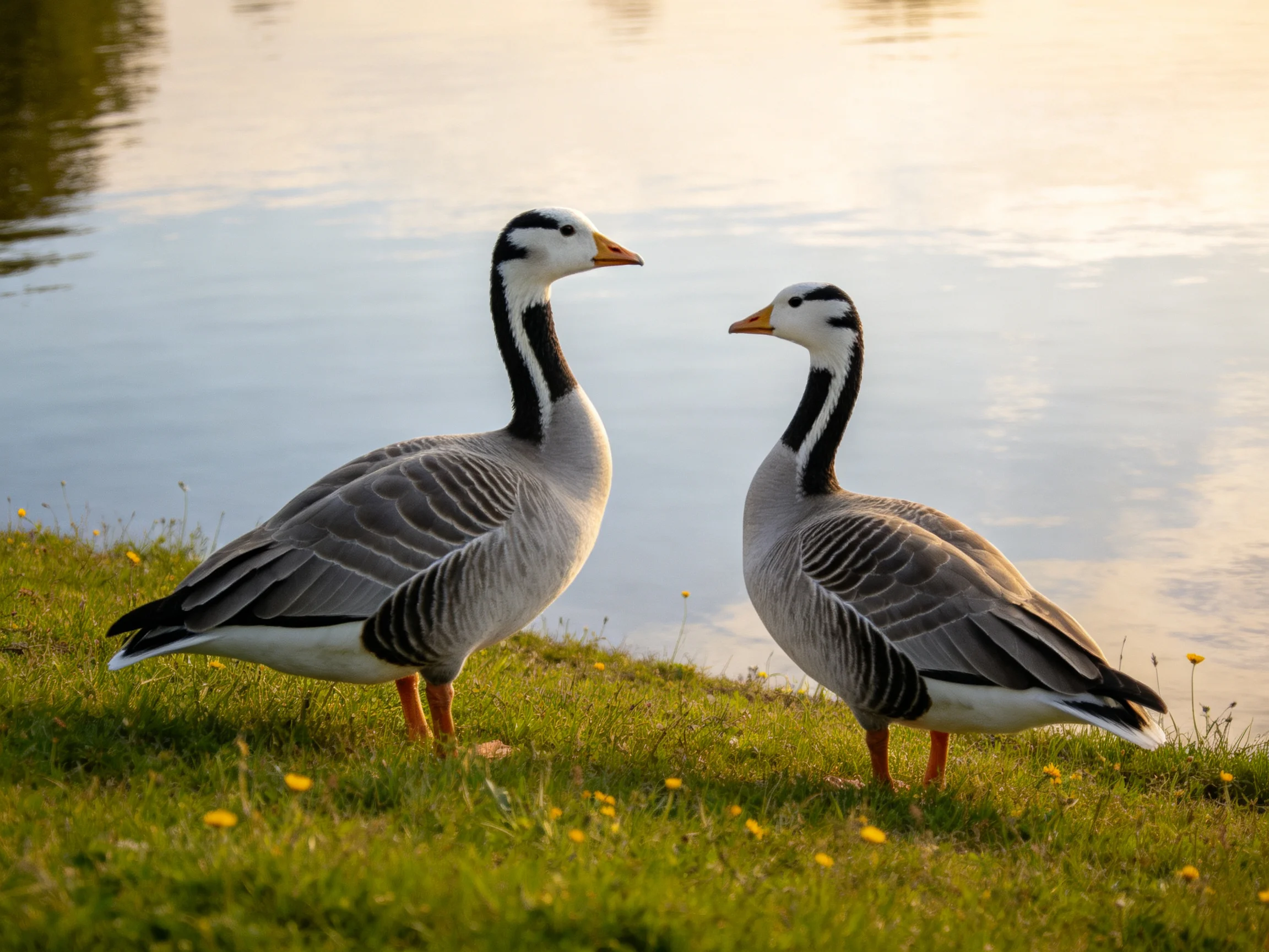 Two bar-headed geese on grass beside a calm water body