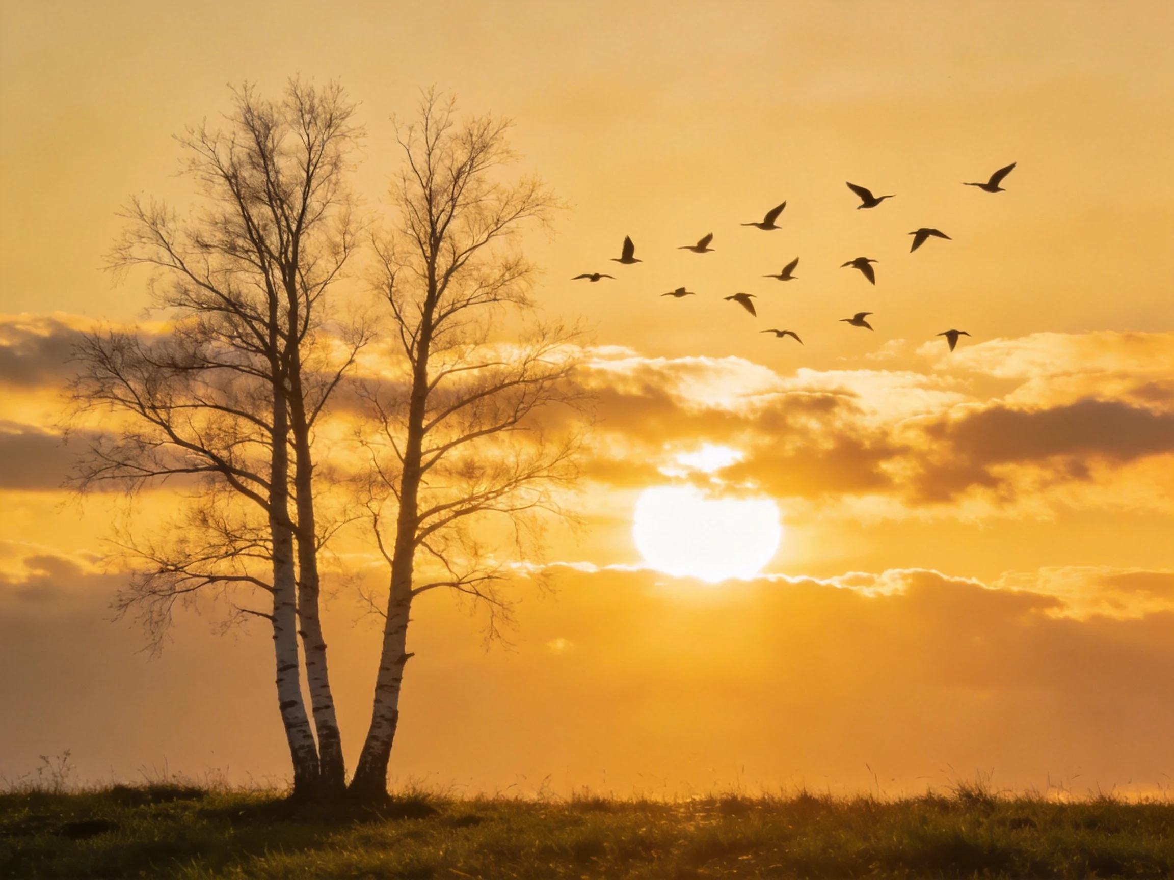 Two bare birch trees beside a golden sunset with a flock of birds