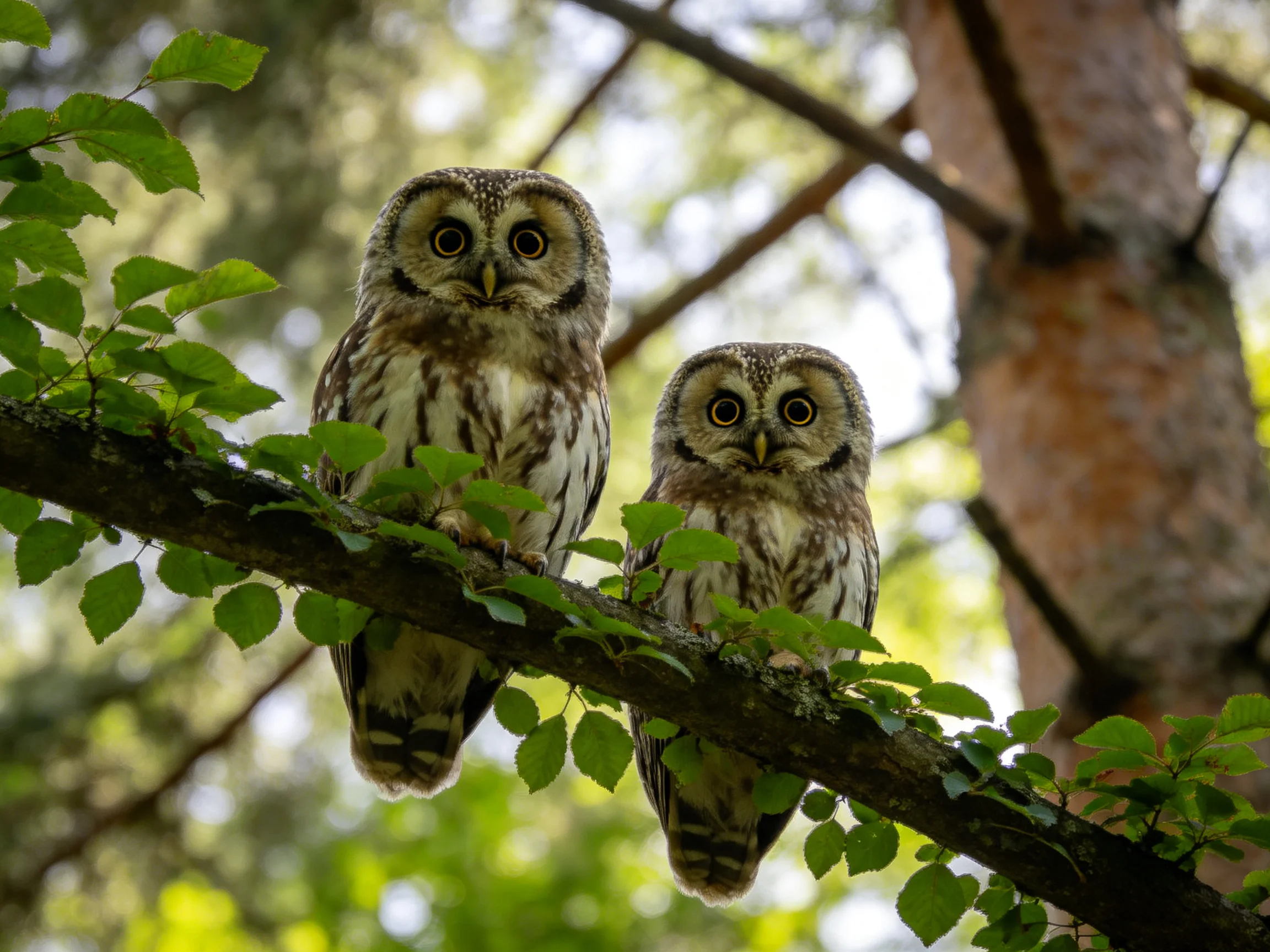 Two barred owls perched on a leafy forest branch