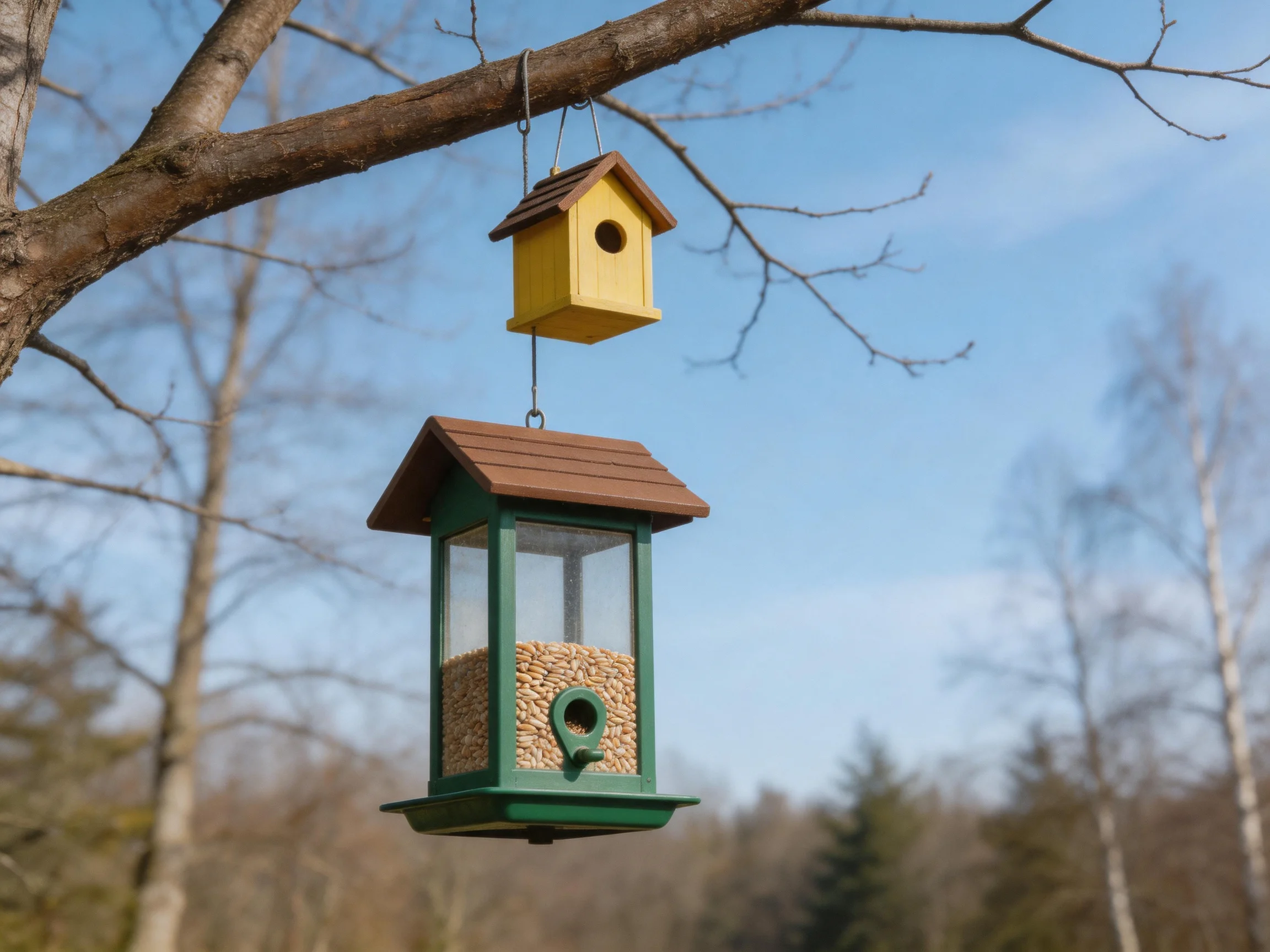 Two birdhouses hang from a tree branch, yellow and green-brown